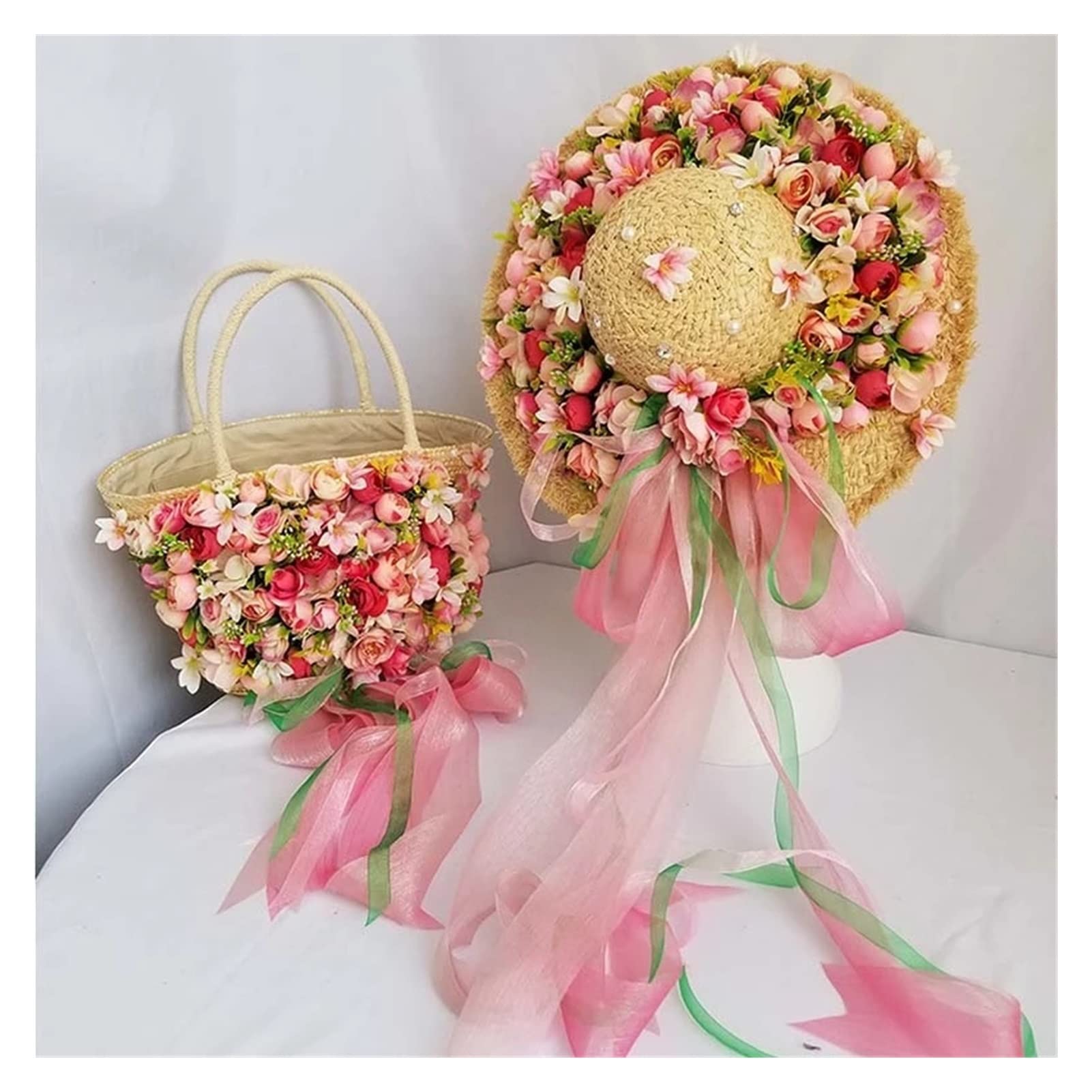 Stylish Women's Woven Straw Beach Bag Set with Handmade Flower Ribbon & Sun Hat - Perfect for Vacation, Travel, and Summer Outings (Color: A, Size: Set)