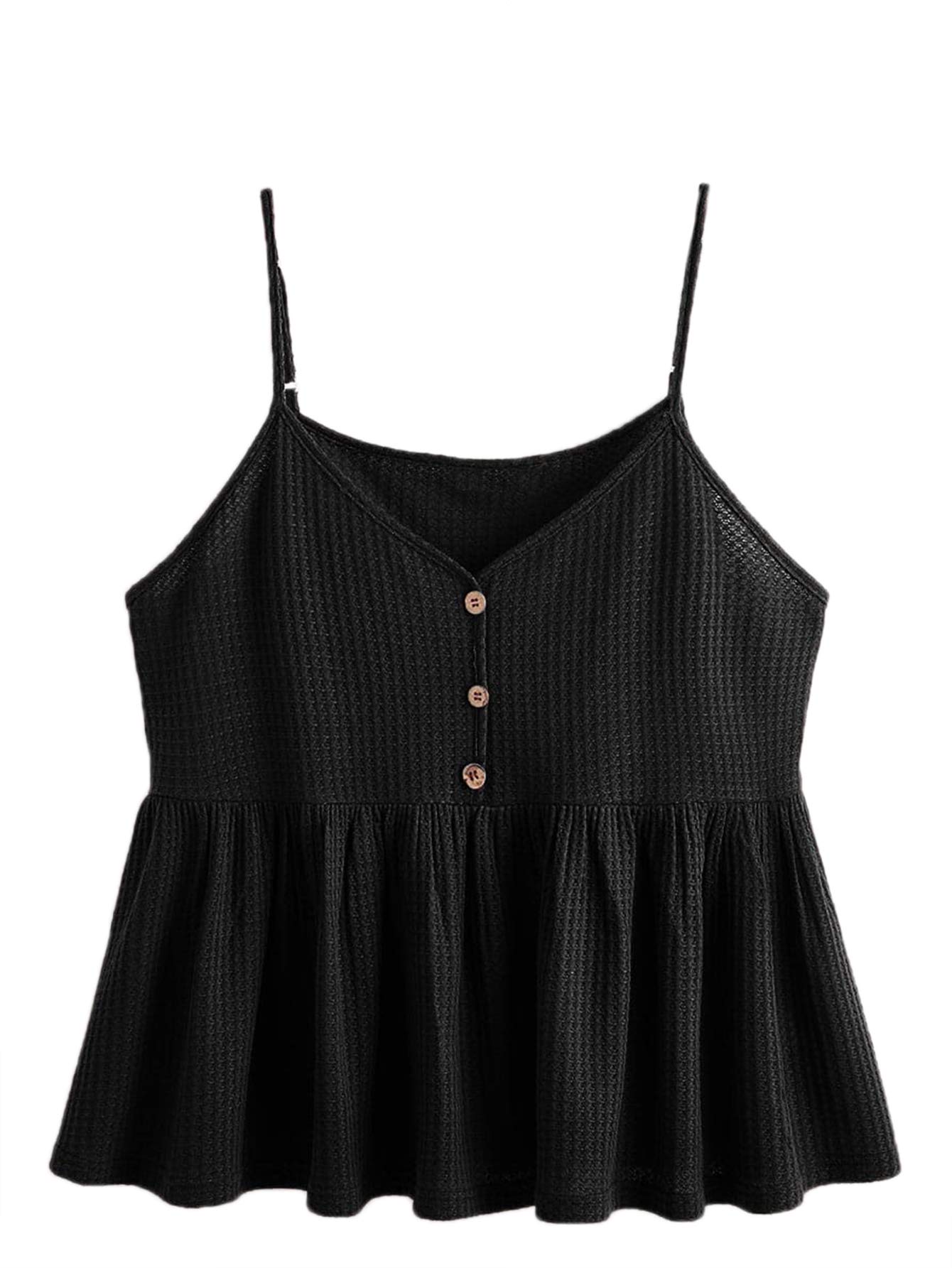 Romwe Women's Plus Size Waffle Knit Sleeveless Button Front V-Neck Ruffle Peplum Cami Tank Top - Casual Summer Outfit, Beach Cover Up, Layering Staple