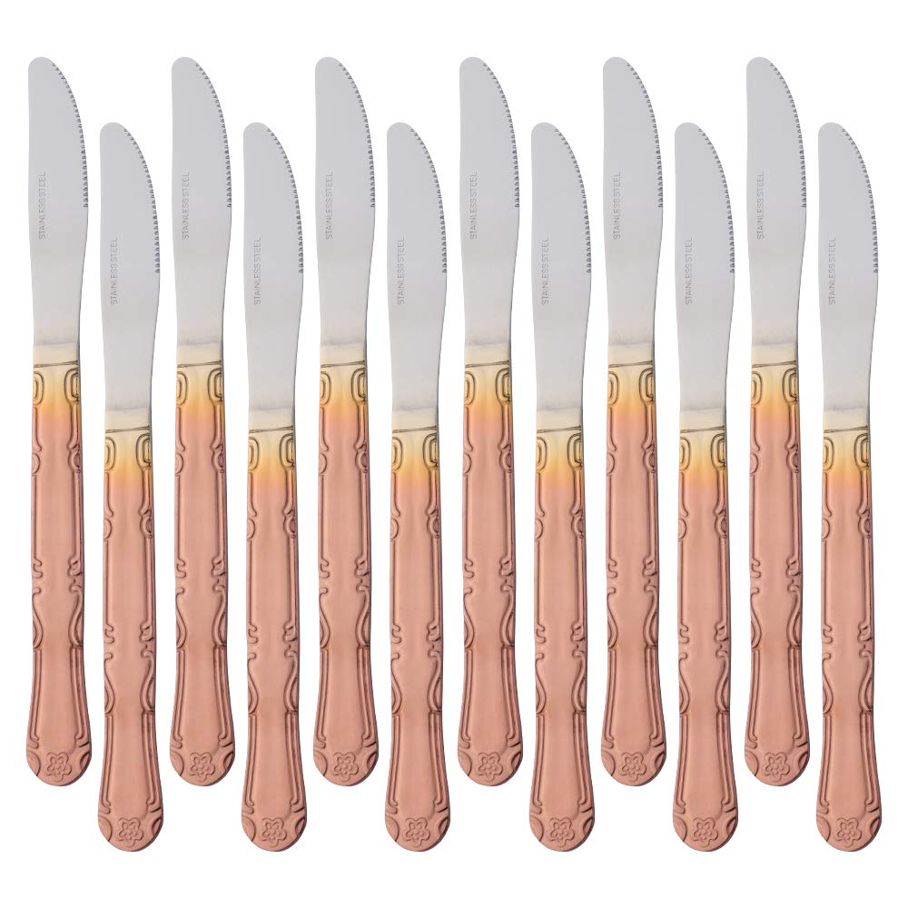 12-Piece Stainless Steel Dinner Knives Set - Elegant Flower Edge Table Knives with Rose Gold Gradient Finish (8.6 Inches) - Perfect for Home Dining, Kitchen Use & Restaurant Service