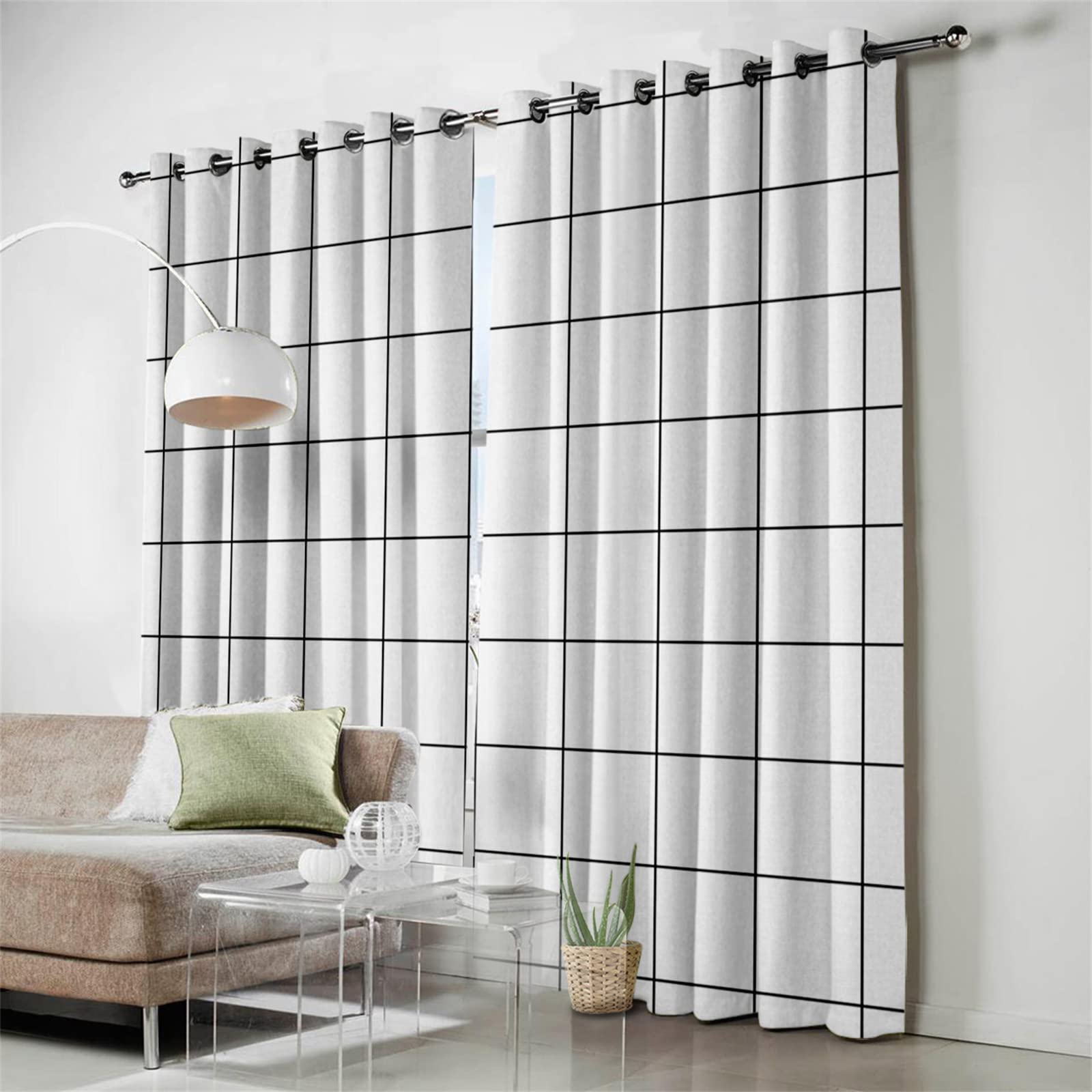 2 Panels Blackout Curtains with Eyelet Top - Geometric Grid 3D Printed Window Drapes in White/Black (86