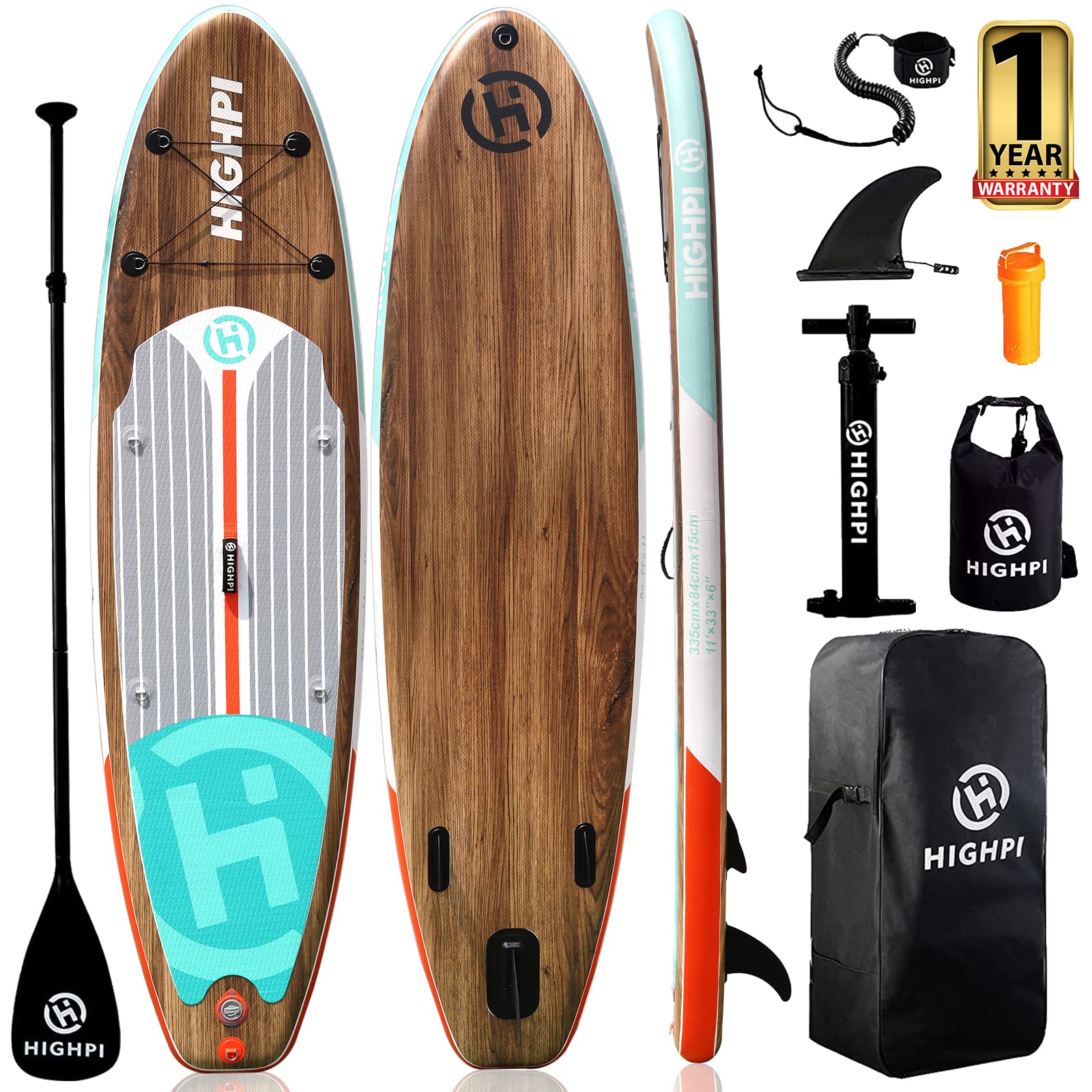 Highpi Inflatable Stand Up Paddle Board 11'x33''x6'' - Premium SUP with Backpack, Adjustable Paddle, Pump & Leash - Wide Stance & Non-Slip Deck for Surf Control - Perfect for Lakes, Oceans & Rivers - Youth & Adult Inflatable Paddle Board for Recreation & Fitness