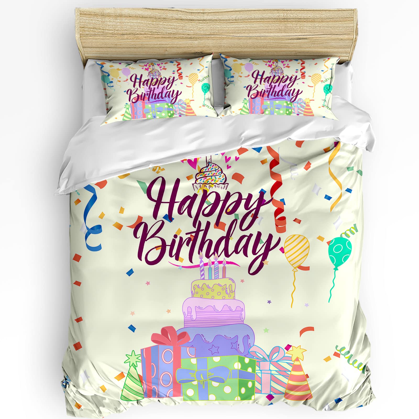 OUR DREAMS Twin Duvet Cover Set - 3 Piece Happy Birthday Bedding Comforter Set with Cake & Balloons Design, 68 x 86 Inches Quilt Cover + 2 Pillow Shams - Perfect Birthday Gift for Kids, Teens & Adults - Great for Bedroom Decor, Parties & Special Occasions