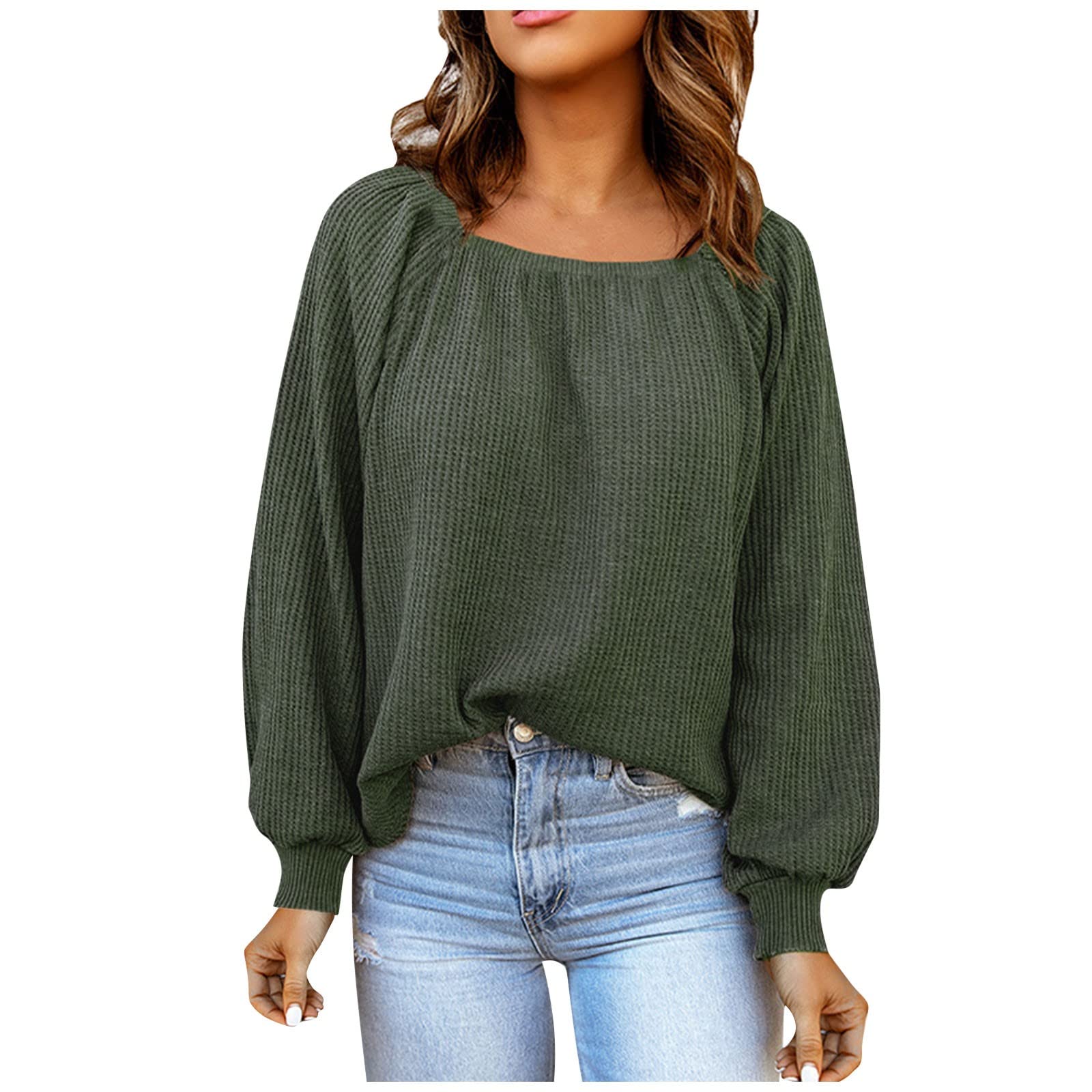 Women's Autumn Fashion Solid Color Square Neck Sweater - Loose Casual Long Sleeve Knit Top for Fall Outfits | Perfect for Office, Dating & Weekend Wear