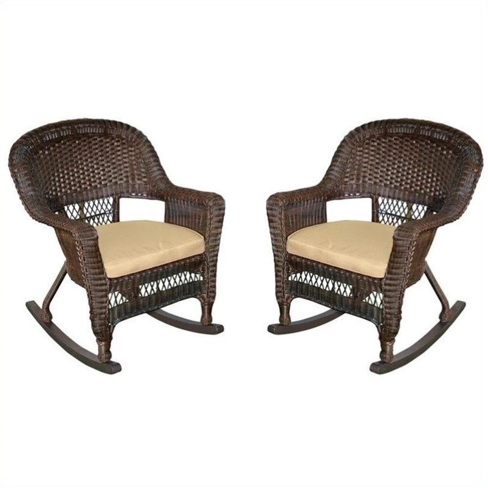 Tan & Espresso Wicker Rattan Rocking Chairs (Set of 2) - Perfect for Porch, Patio, Garden & Indoor Boho Decor