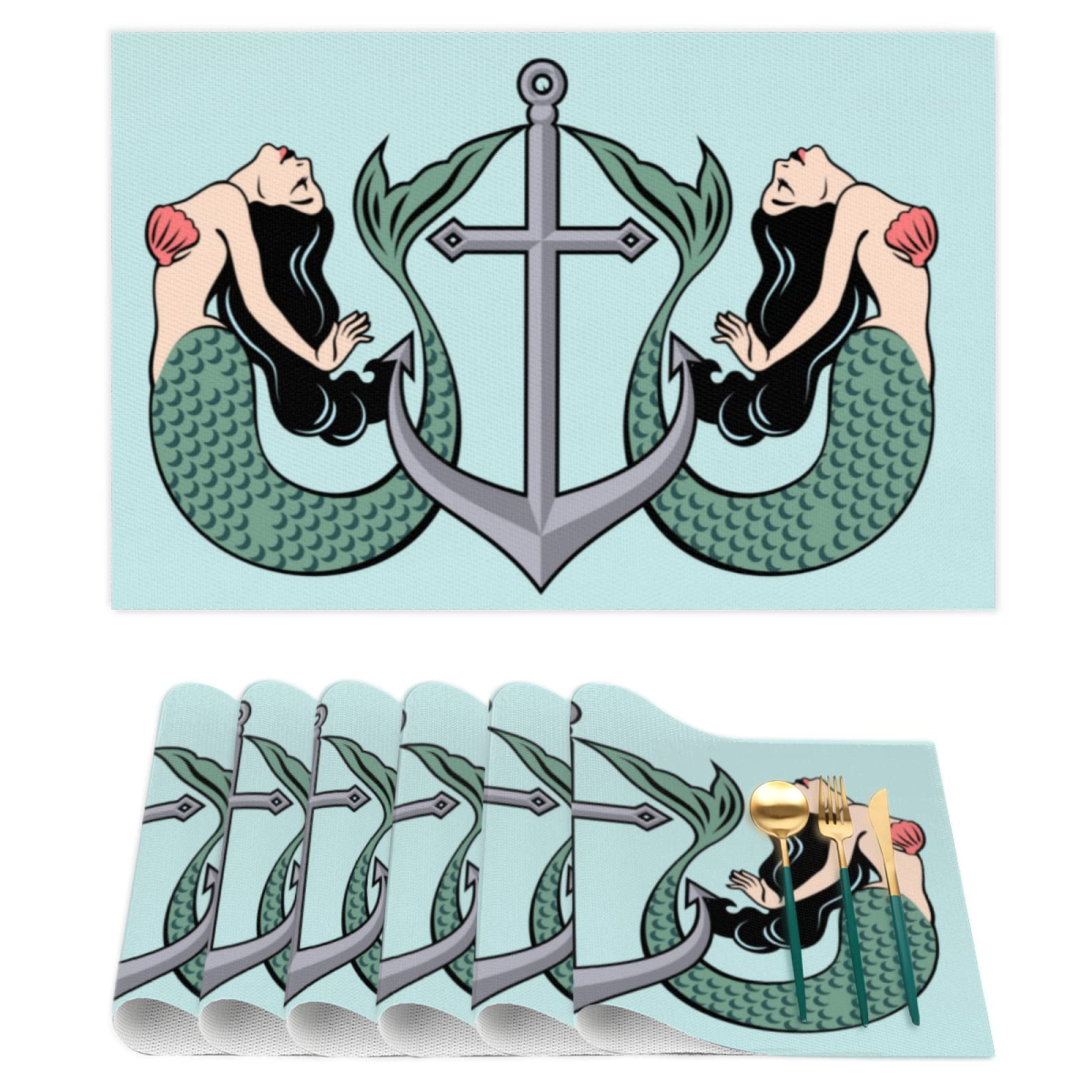 Anchor & Mermaid Themed PVC Woven Vinyl Placemats Set of 6 - Heat & Stain Resistant, Washable Table Mats for Kitchen & Dining Room - Perfect for Nautical Decor, Beach House Dining, and Coastal-Themed Parties