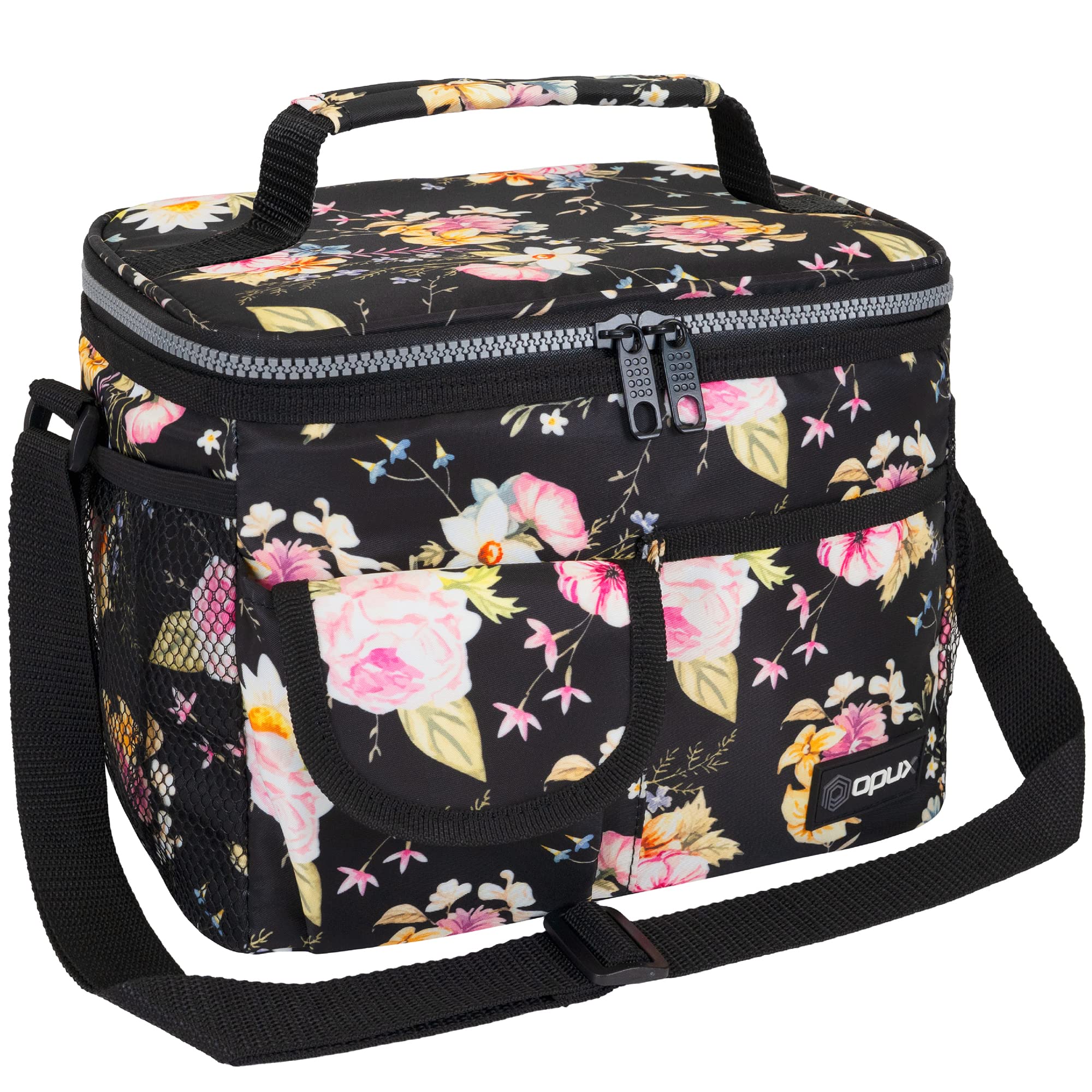 OPUX Insulated Lunch Bag for Men & Women - Leakproof Floral Black Lunch Box for Work, School & Travel - Portable Soft Cooler Bag with Shoulder Strap - Holds 14 Cans/8L - Perfect for Office, Picnics & Outdoor Activities
