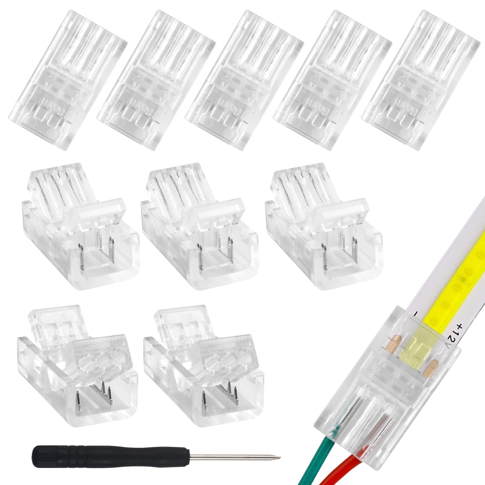 RGBZONE 10Pcs 2 Pin 8mm COB LED Connectors - Solderless LED Strip to Wire Connector for 8mm COB LED Strip Lights, 36V 5A, Gapless Connection - Perfect for Home Lighting, DIY Projects, and Commercial LED Installations