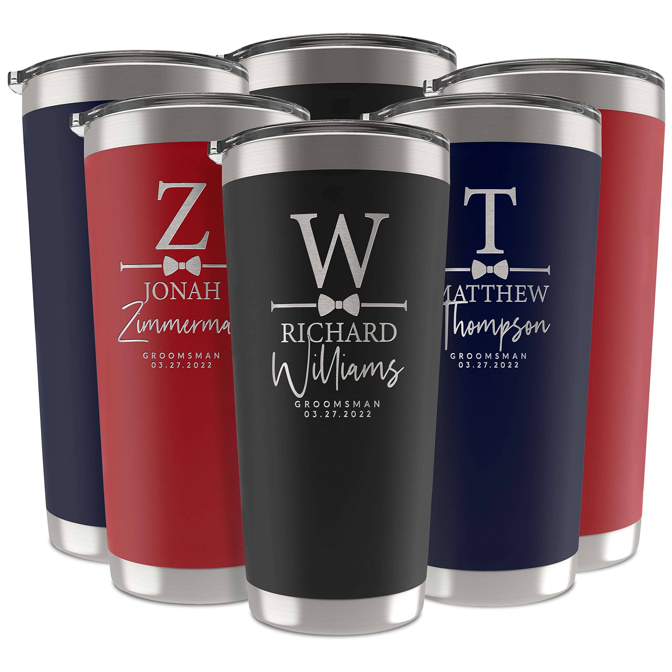 Personalized Stainless Steel Tumblers for Groomsmen - Set of 6 Custom Engraved 20oz/30oz Double Wall Insulated Cups with Names & Titles (3 Colors) - Perfect for Wedding Party Gifts, Bachelor Parties & Bridal Showers