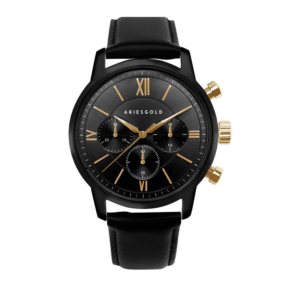 ARIES GOLD URBAN ETERNAL Black Stainless Steel Men's Watch with Genuine Leather Strap - Perfect for Business, Casual Wear & Formal Occasions