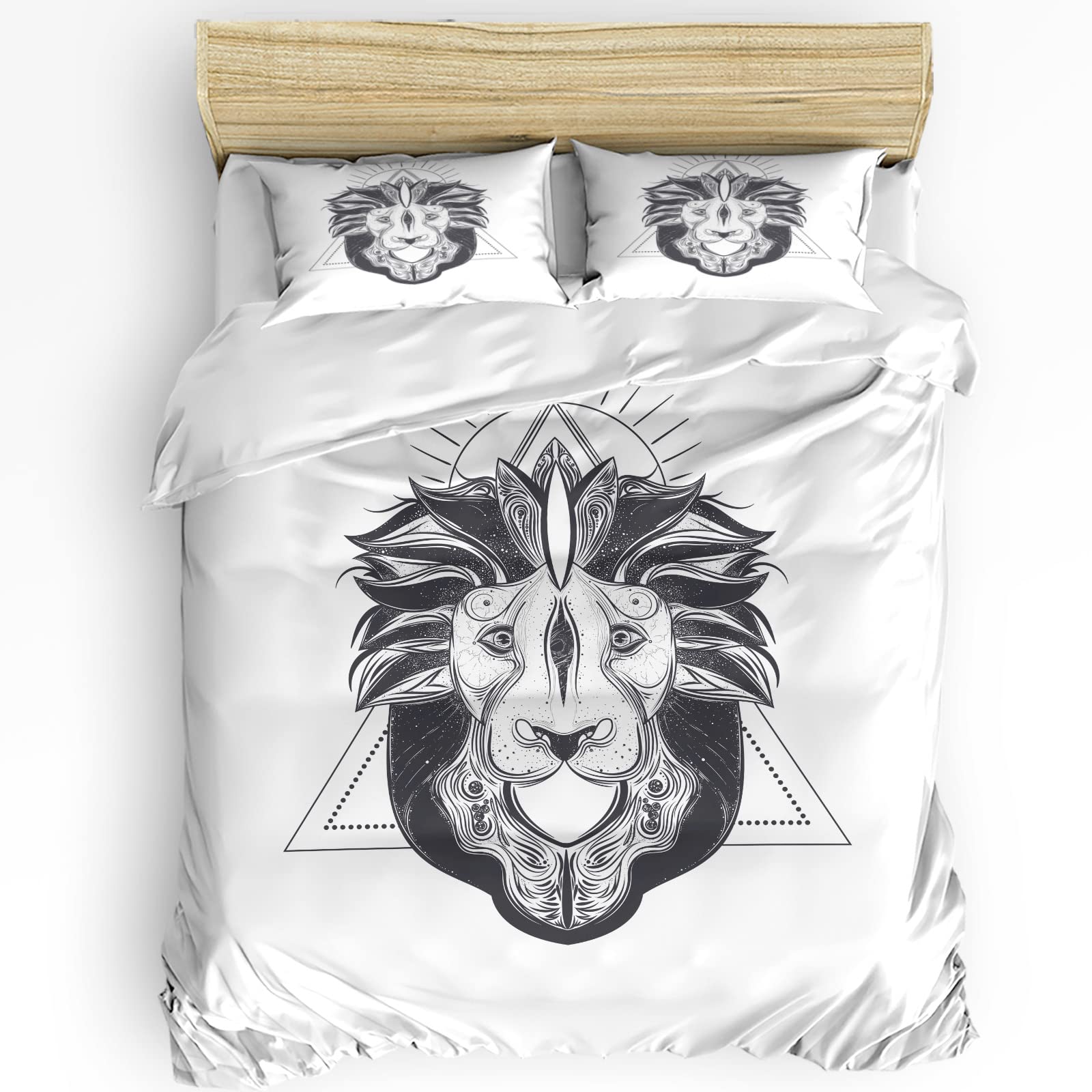 HELLOWINK 3-Piece Full Size Duvet Cover Set - Funny Lion Geometric Print Bedding with 2 Pillow Shams | Lightweight Soft Comforter Cover for Kids Room, Teen Bedroom & Dorm Decor