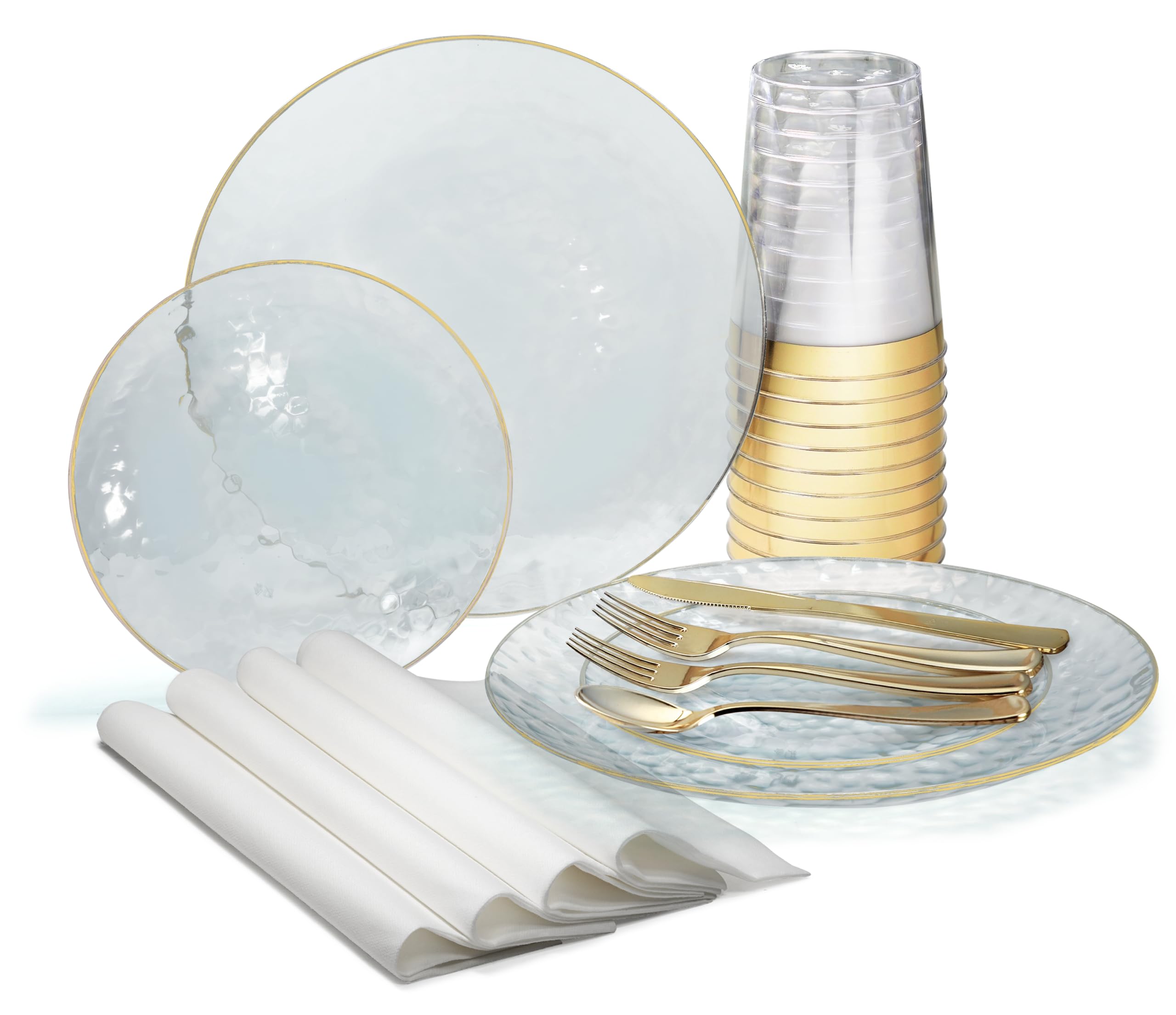 960-Piece Heavyweight Disposable Plastic Wedding Party Plate Set - 120 x 10'' Plates, 120 x 7'' Plates, Silverware, Cups & Napkins in Coastal Clear & Gold - Elegant Dinnerware for Weddings, Showers, Receptions & Large Gatherings