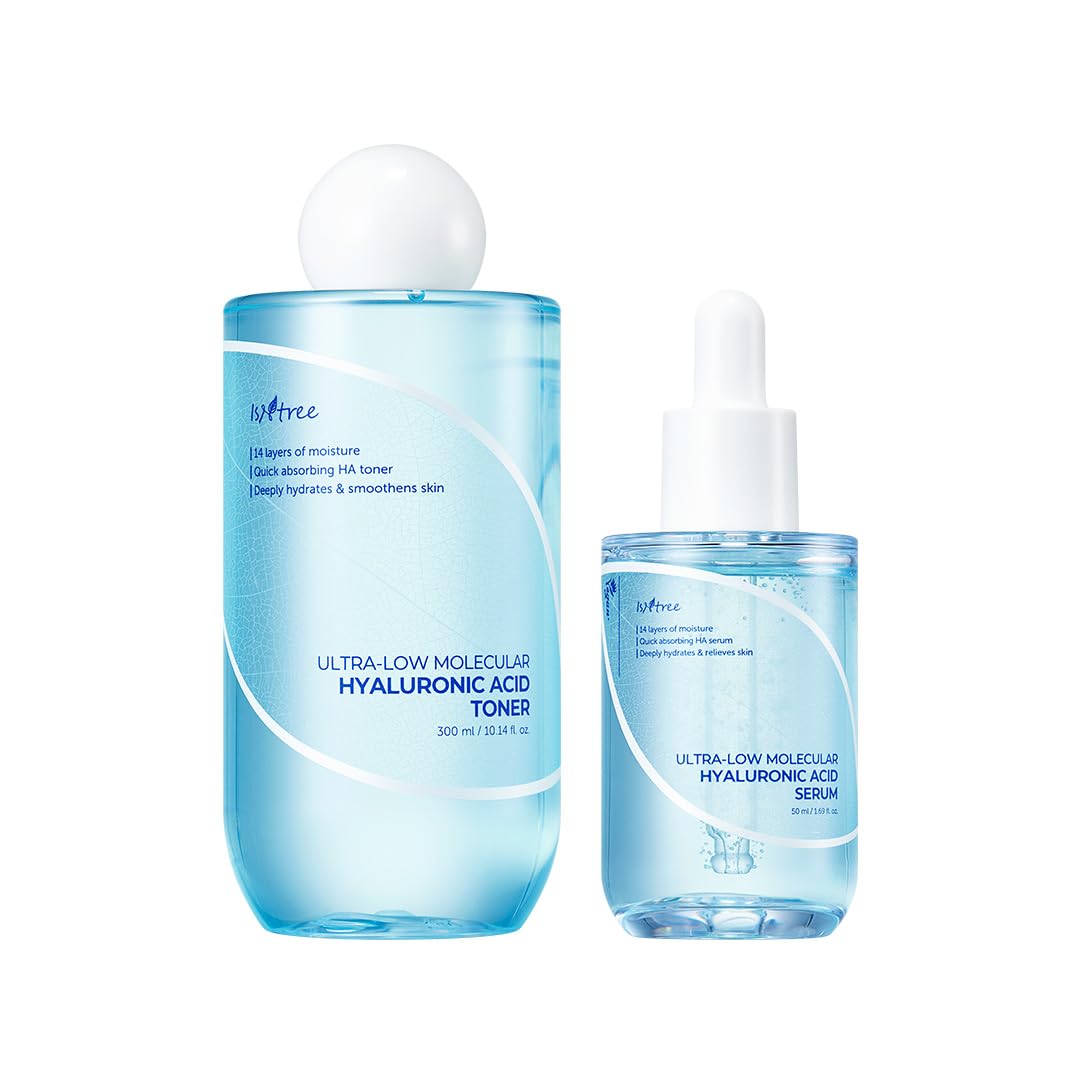 ISNTREE Ultra-Low Molecular Hyaluronic Acid Toner 300ml & Serum 50ml Set - Deep Hydration for Dry, Sensitive Skin - Daily Skincare Routine for Glowing Complexion