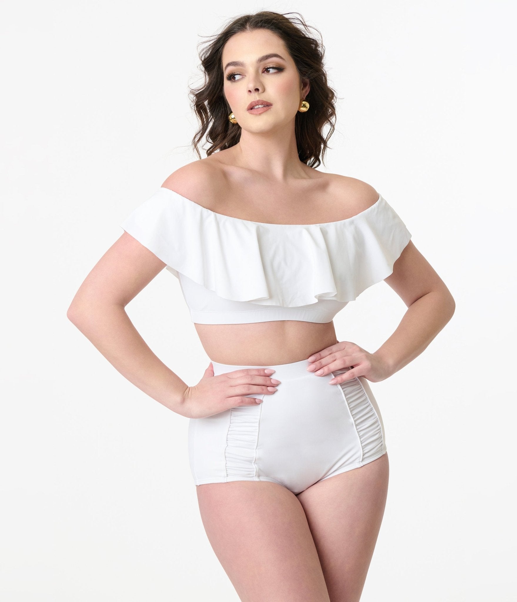 Vintage 1950s White Ruffled Ramona Swim Top - Retro High Waisted Bikini Top for Women, Perfect for Beach, Pool & Summer Vacations