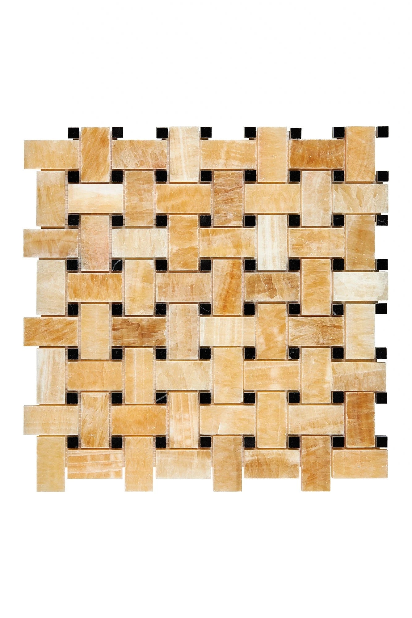 Premium Honey Onyx Stone Basketweave Mosaic Tile with Black Dots - Polished Finish for Bathroom Walls, Kitchen Backsplash & Flooring Decor