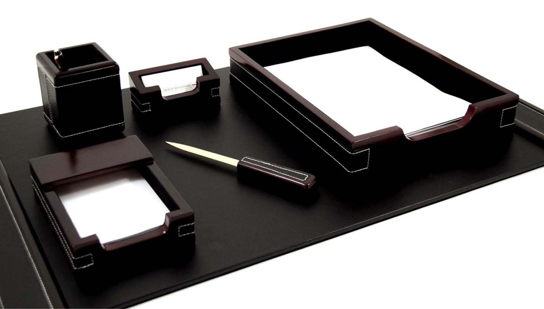 Westminster Wood & Black Leather 6-Piece Desk Set - Elegant Office Accessories for Home & Work - Perfect for Writing, Organizing & Enhancing Workspace