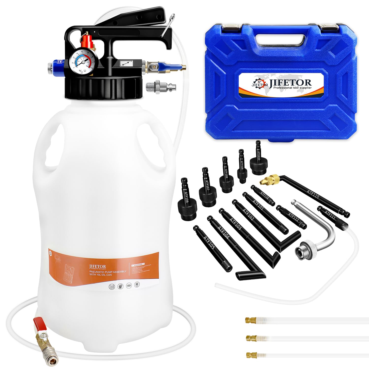 JIFETOR 10L Pneumatic Transmission Fluid Pump Extractor & Dispenser Kit with 15 ATF Adapters & 3 Hose - ATF Oil Transfer Tool for Gear Oil, Garage, Workshop | Ideal for Car Maintenance, Fluid Changes & Shop Repairs