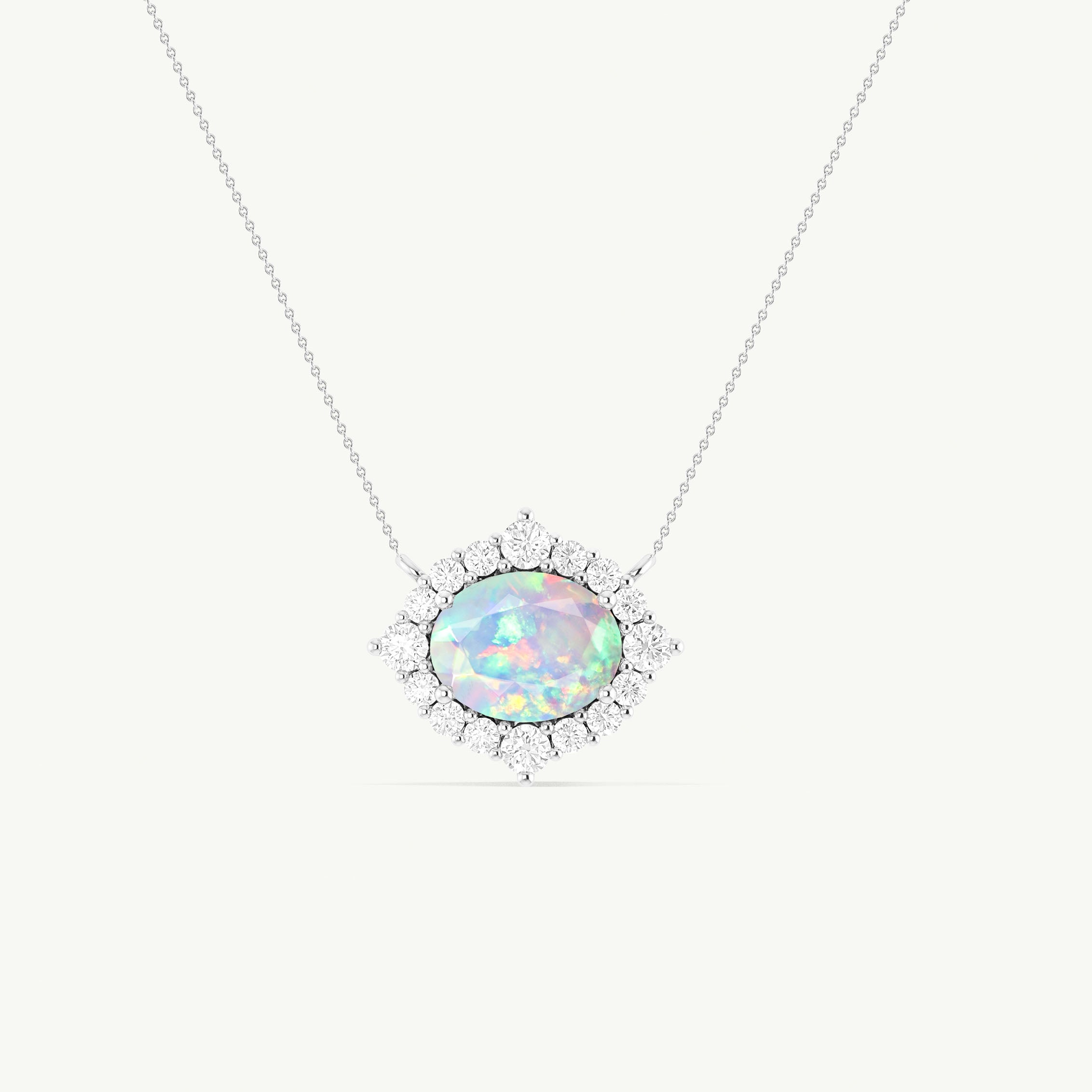Elegant Oval Natural White Opal & Zircon Halo Pendant Necklace | Sterling Silver Chain | Perfect for Weddings, Anniversaries & Special Occasions