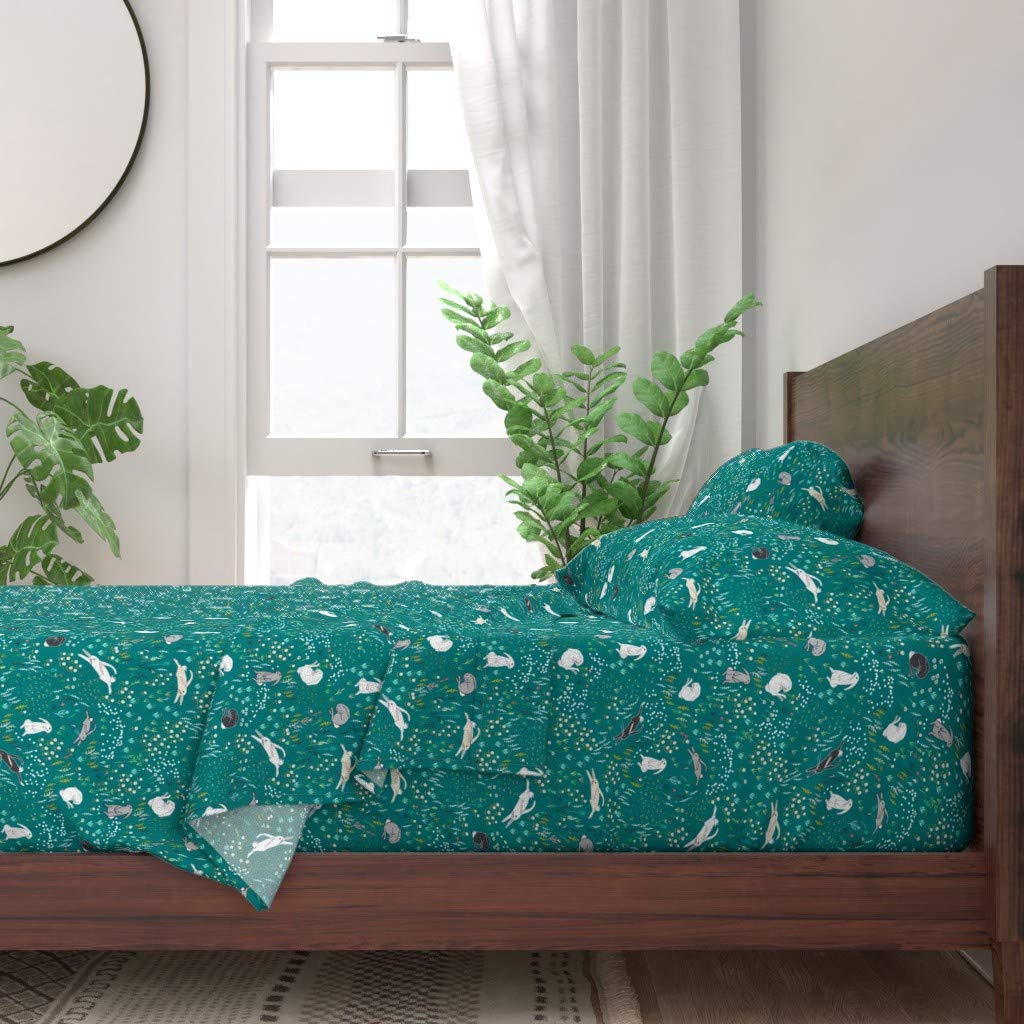 Premium 100% Cotton Queen 4-Piece Sheet Set - Bunny Field Teal Garden Wildflowers Rabbit Farm Easter Print Custom Bedding | Soft Breathable Bed Sheets for Spring & Easter Decor | Perfect for Guest Rooms, Kids' Bedrooms & Farmhouse Style Homes