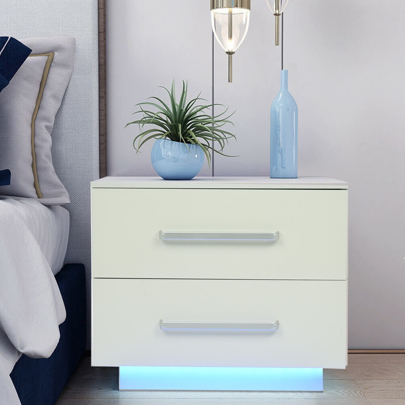 Modern White Nightstand with LED Lights & 2 Drawers - Bedside Storage Cabinet for Bedroom, Easy Assembly End Table (Perfect for Small Spaces, Apartment Living & Guest Rooms)