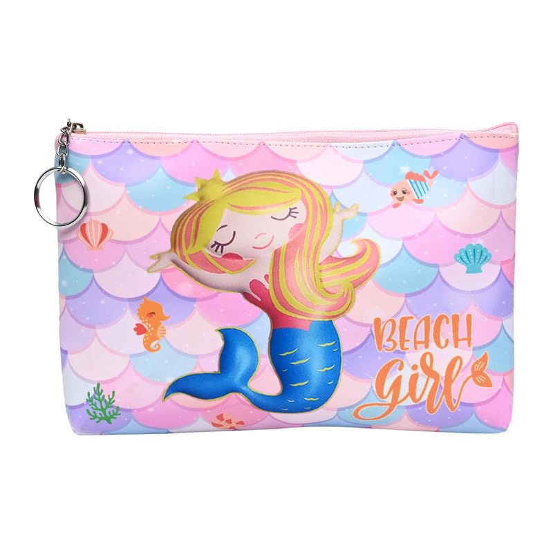 Cute Mermaid Print Makeup Pouch for Women - Large Waterproof Cosmetic Bag with Zipper, Travel Toiletry Organizer for Jewelry & Stationery Storage | Perfect for Beach Vacation, Gym, College Dorm & Daily Use