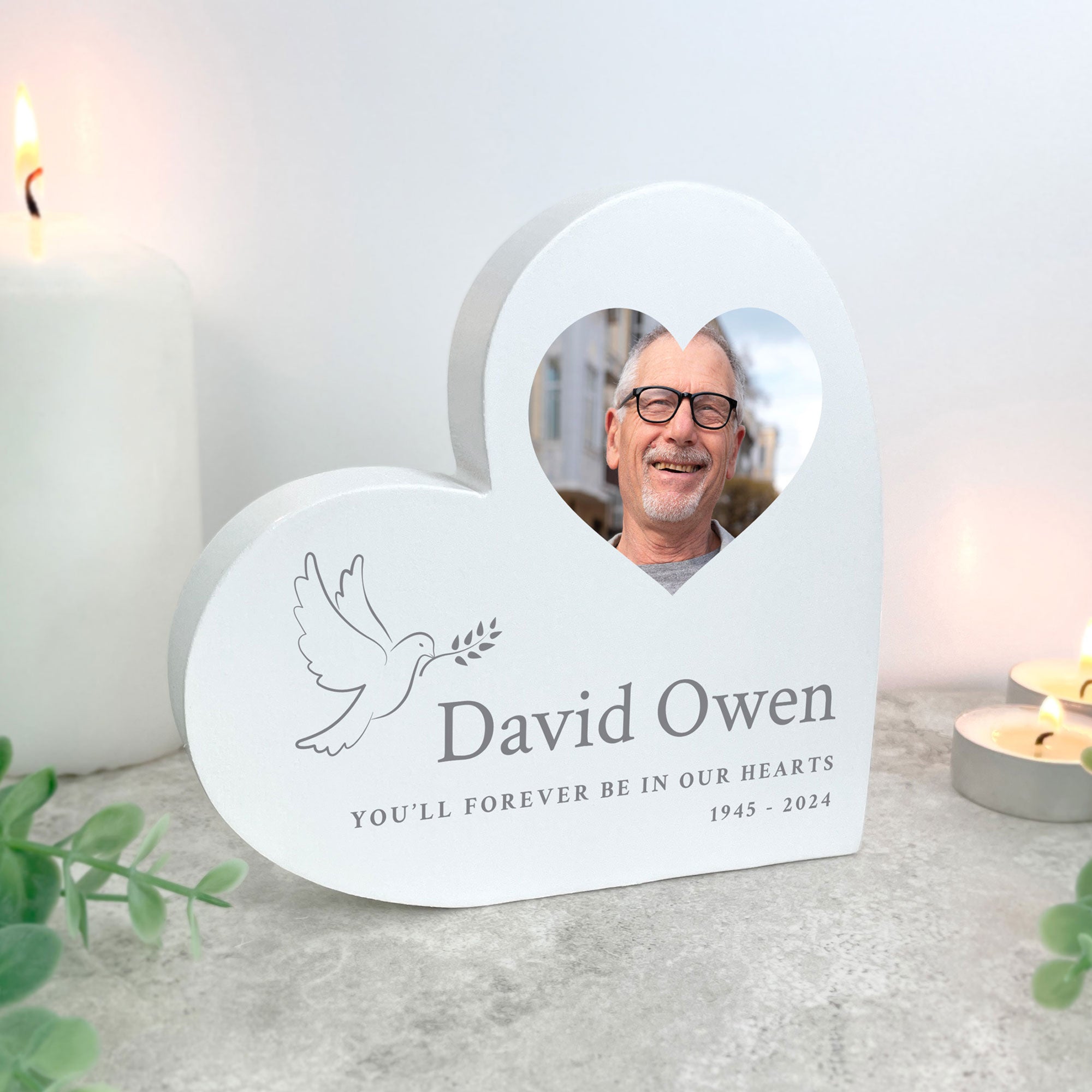 Personalized White In Loving Memory Dove Photo Frame - Freestanding Heart Keepsake for Memorials, Funerals & Home Decor