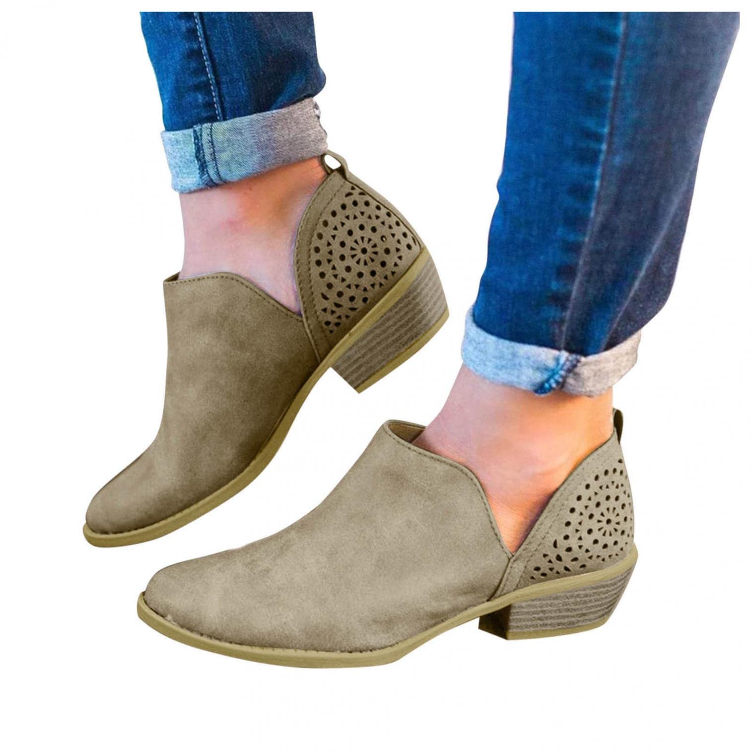 Women's Retro Suede Ankle Boots with Low Heel & Fringe Detail - Round Toe Roman Short Boots for Winter - Perfect for Casual Outfits, Office Wear & Date Nights