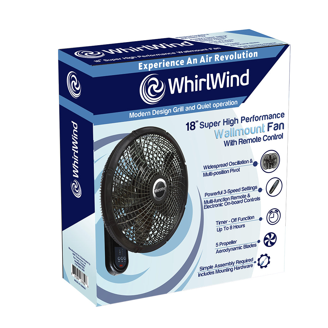 Whirlwind 18 Inch Wall Mount Fan with Remote Control - Perfect for Bedroom, Living Room, and Office Cooling