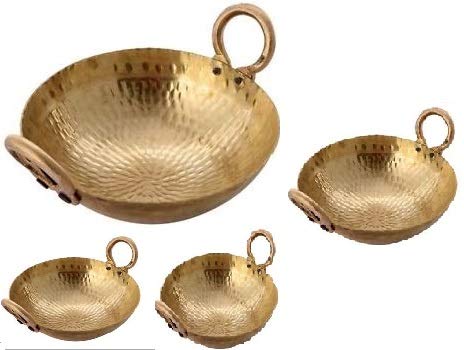 Authentic Indian Brass Kadai Karahi Set of 4 - Traditional Cooking Pots & Woks (2L to 5L Capacity) - Perfect for Curry, Biryani & Deep Frying | Ideal for Home Kitchens & Indian Restaurants