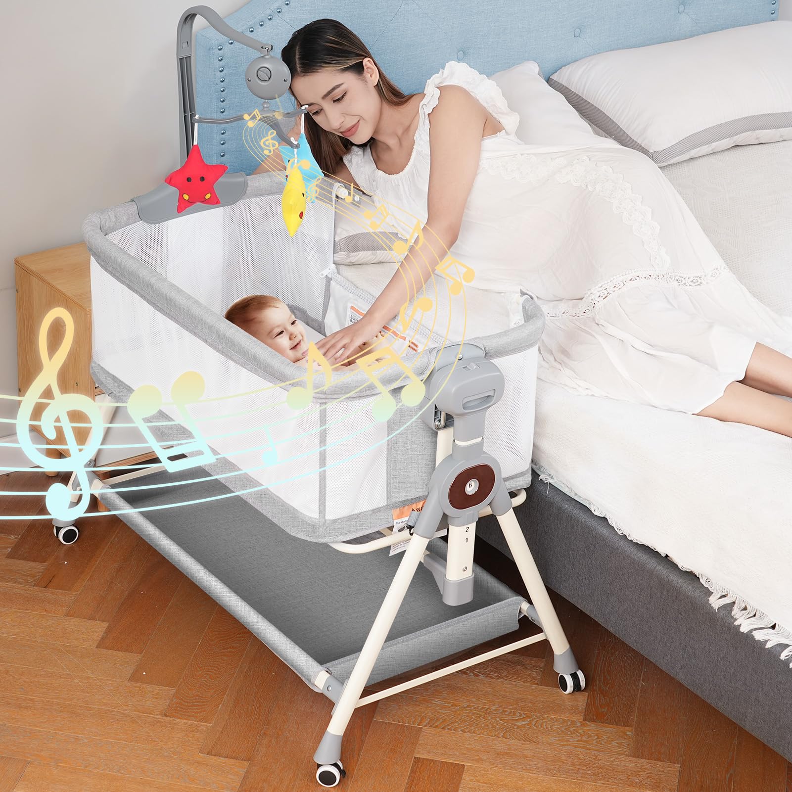 3-in-1 Adjustable Baby Bassinet & Bedside Sleeper with Musical Toys, Storage Basket & Wheels - Portable Rocking Crib for Newborns (Grey) - Perfect for Nursery, Bedroom & Travel Use