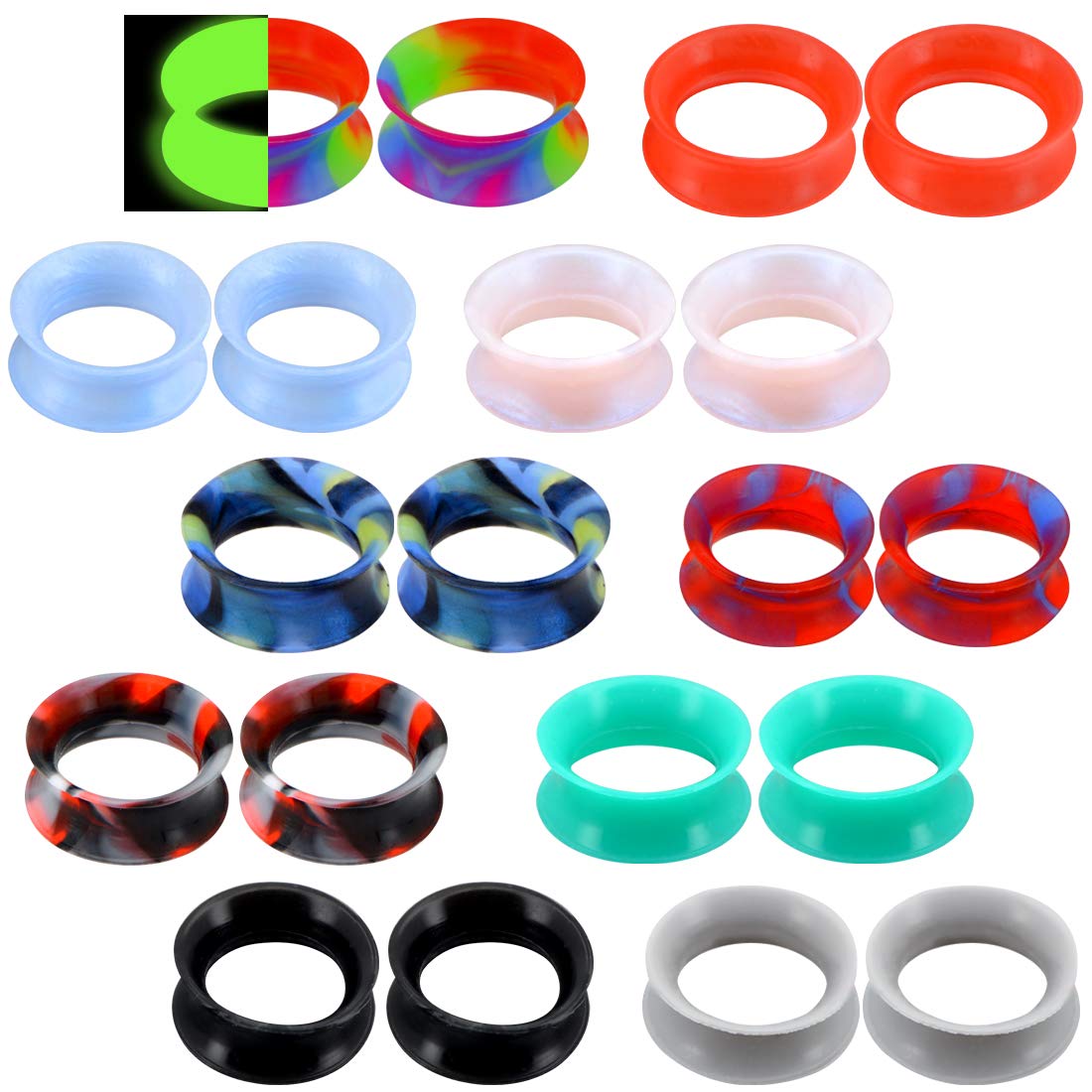 Cocharm 20 PCS Thin Silicone Ear Gauges - Flexible Double Flared Tunnel Ear Plugs for Stretching & Everyday Wear | Hypoallergenic & Comfortable Body Jewelry