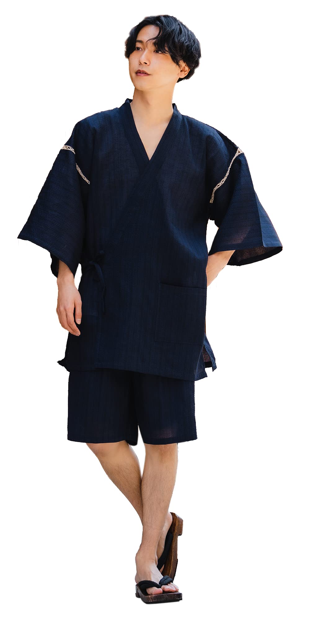 Men's Kimono Jimbei SIJIRAORI - 2XL Dark Navy Stripe Japanese Traditional Sleepwear & Loungewear - Breathable Summer Outfit for Casual Wear, Ninja Costume, Halloween Cosplay - Perfect for Home Relaxation, Anime Events & Cultural Festivals