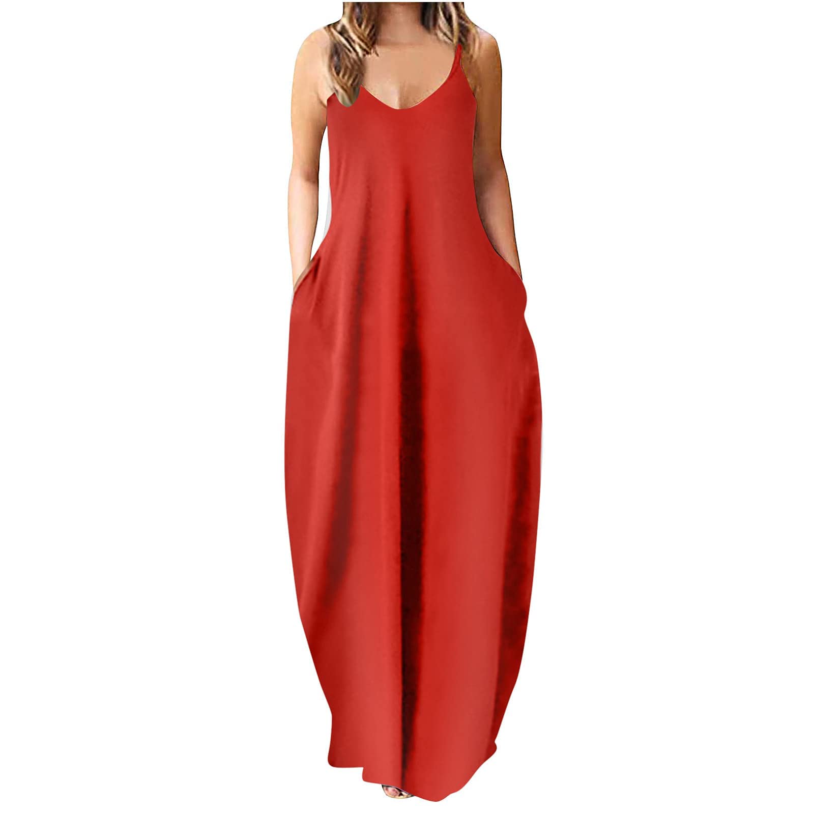 Women's Summer Maxi Dress - Beach Casual Sleeveless V-Neck Midi Waist Long Dress for Vacation, Party & Outdoor Activities | Solid Color Slim Fit Flowy Dress