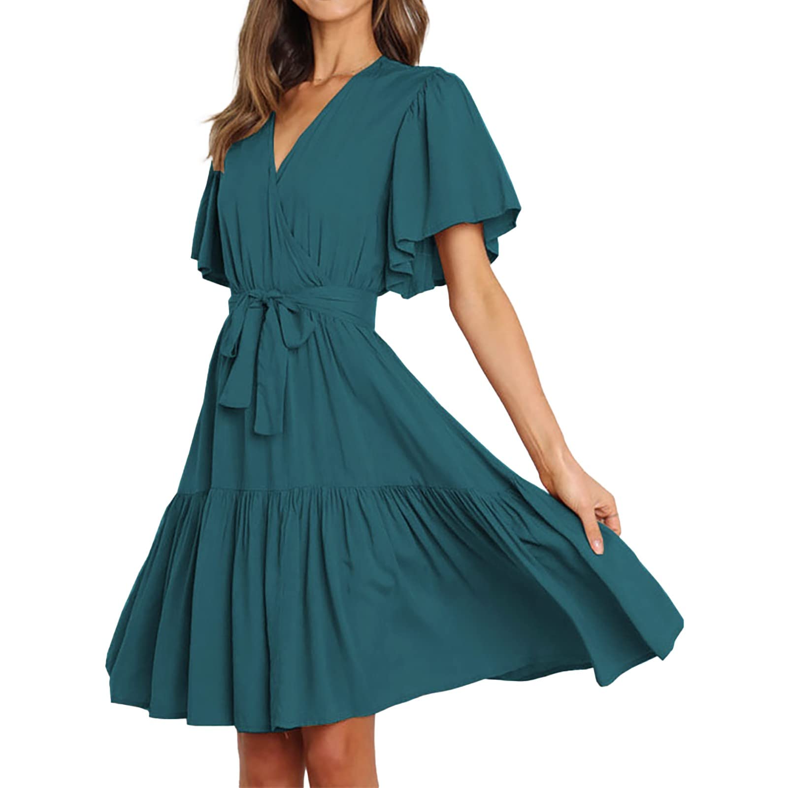 Women's Tie Waist Mini Dress - Wrap V Neck Short Sleeve Summer Dress with Ruffled Hem & Belt | Casual Outfit for Beach, Date Night & Summer Parties