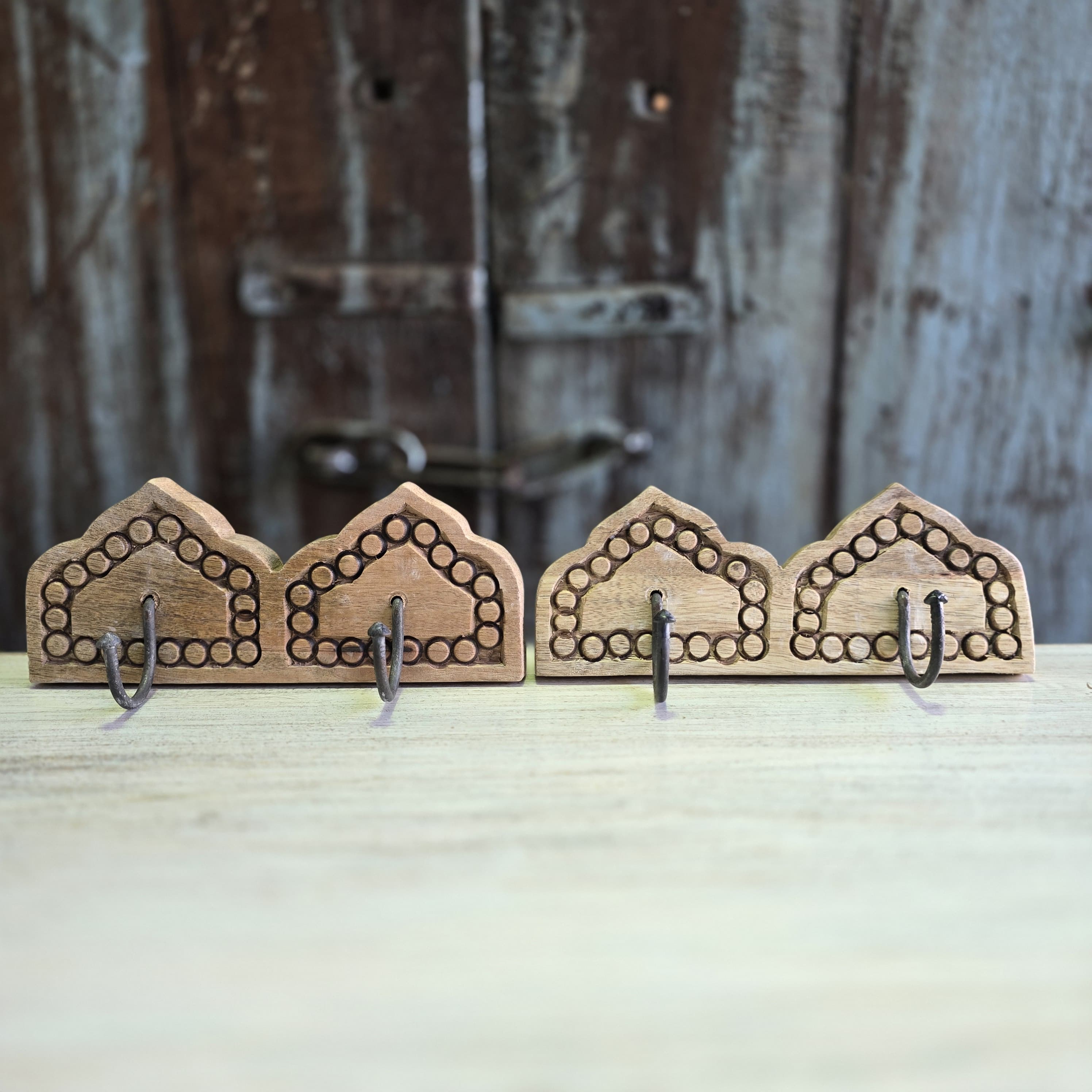 Handmade Carved Solid Wood Wall Hooks - Set of 2 Natural Wooden Coat Hangers for Entryway, Bedroom & Bathroom Organization - Rustic Indian Home Decor