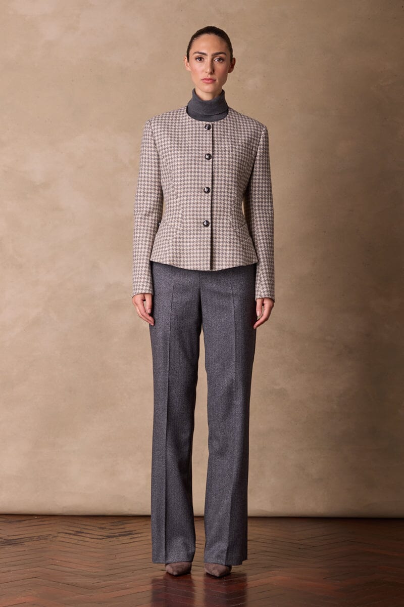 Amelie Crop Jacket - Brown & Grey Houndstooth Pattern Women's Fashion Blazer | Perfect for Office Wear, Date Nights & Fall Outfits