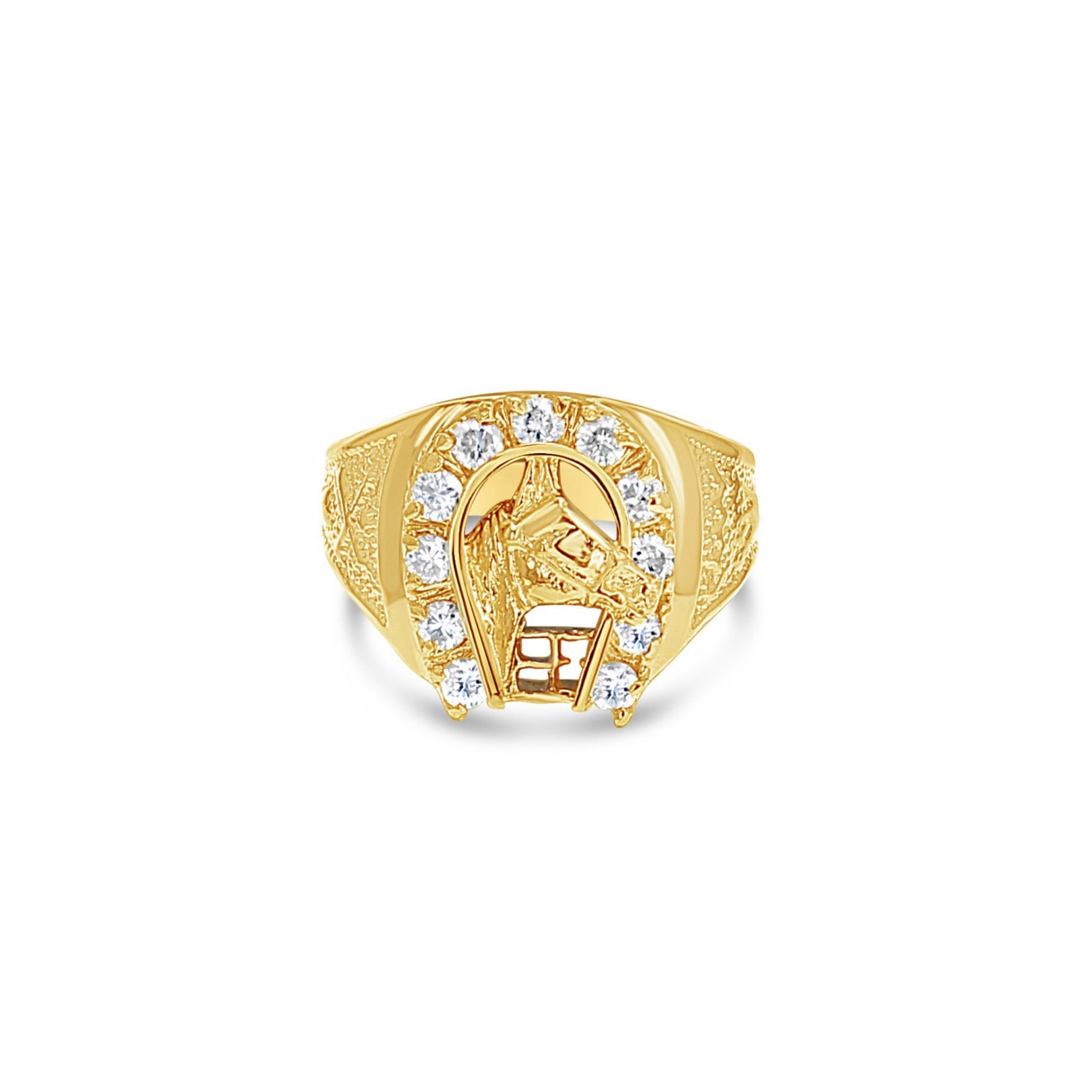 14K Yellow Gold Diamond Horseshoe Ring with Horse Head Design - Perfect for Equestrian Lovers & Western Fashion Jewelry Gifts