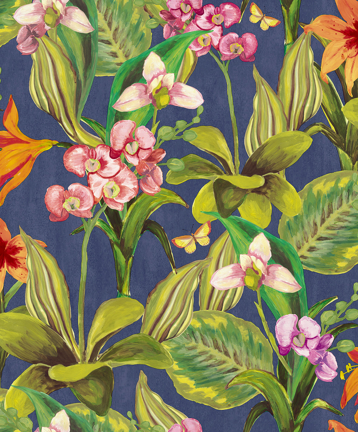 Blue & Pink Hand Painted Orchids Floral Wallpaper R8140 - Elegant Botanical Peel and Stick Wallpaper for Bedroom, Living Room & Nursery Decor