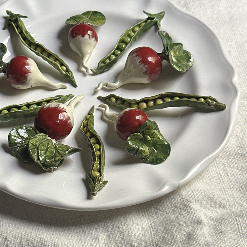 Christine Viennet Radishes and Peas Trompe l'Oeil Porcelain Plate (#15) - Elegant French Dinnerware for Fine Dining & Home Decor