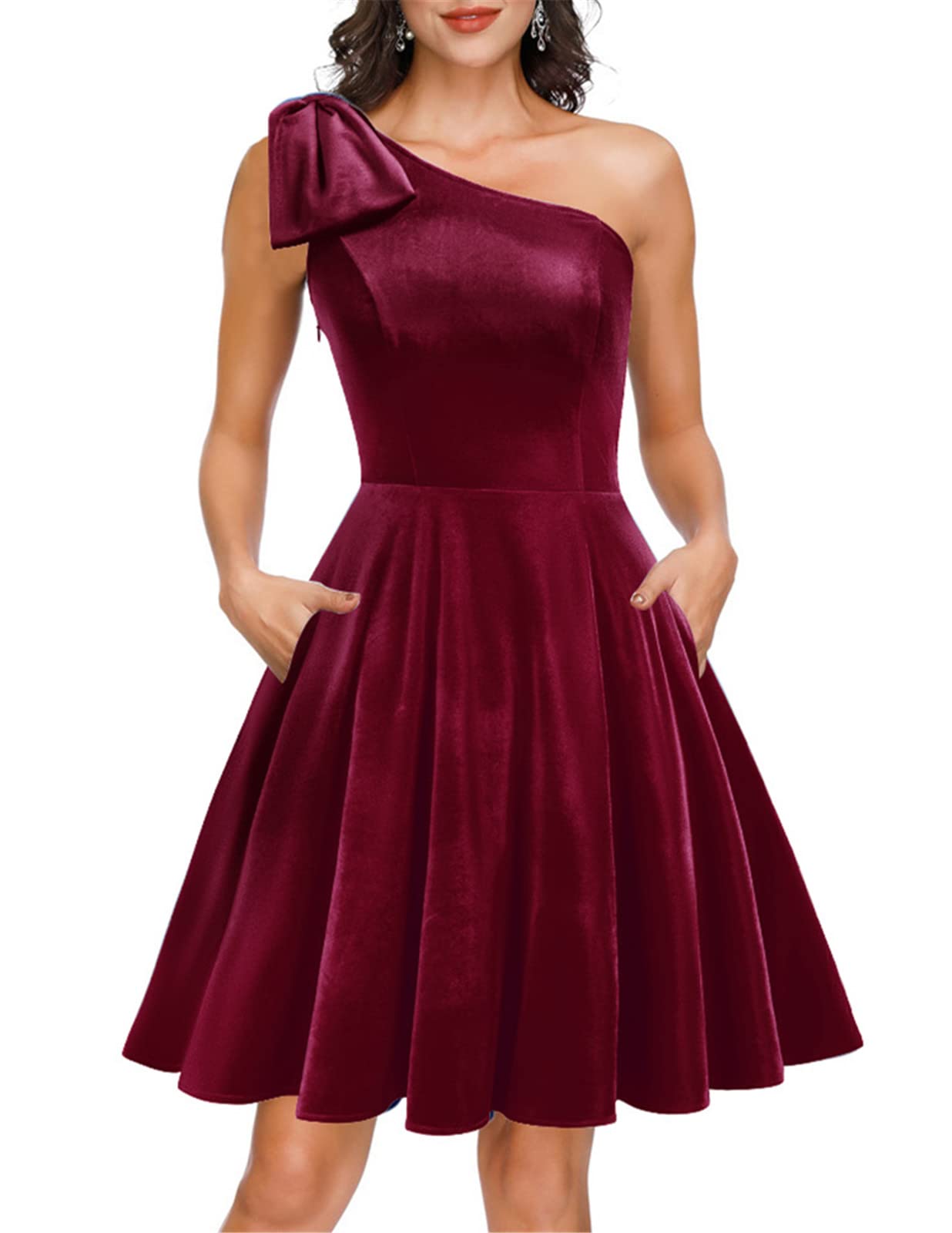 JASAMBAC Women's Elegant Bow One Shoulder Cocktail Dress with Pockets - A-Line Party Dress for Evening Events, Weddings & Date Nights