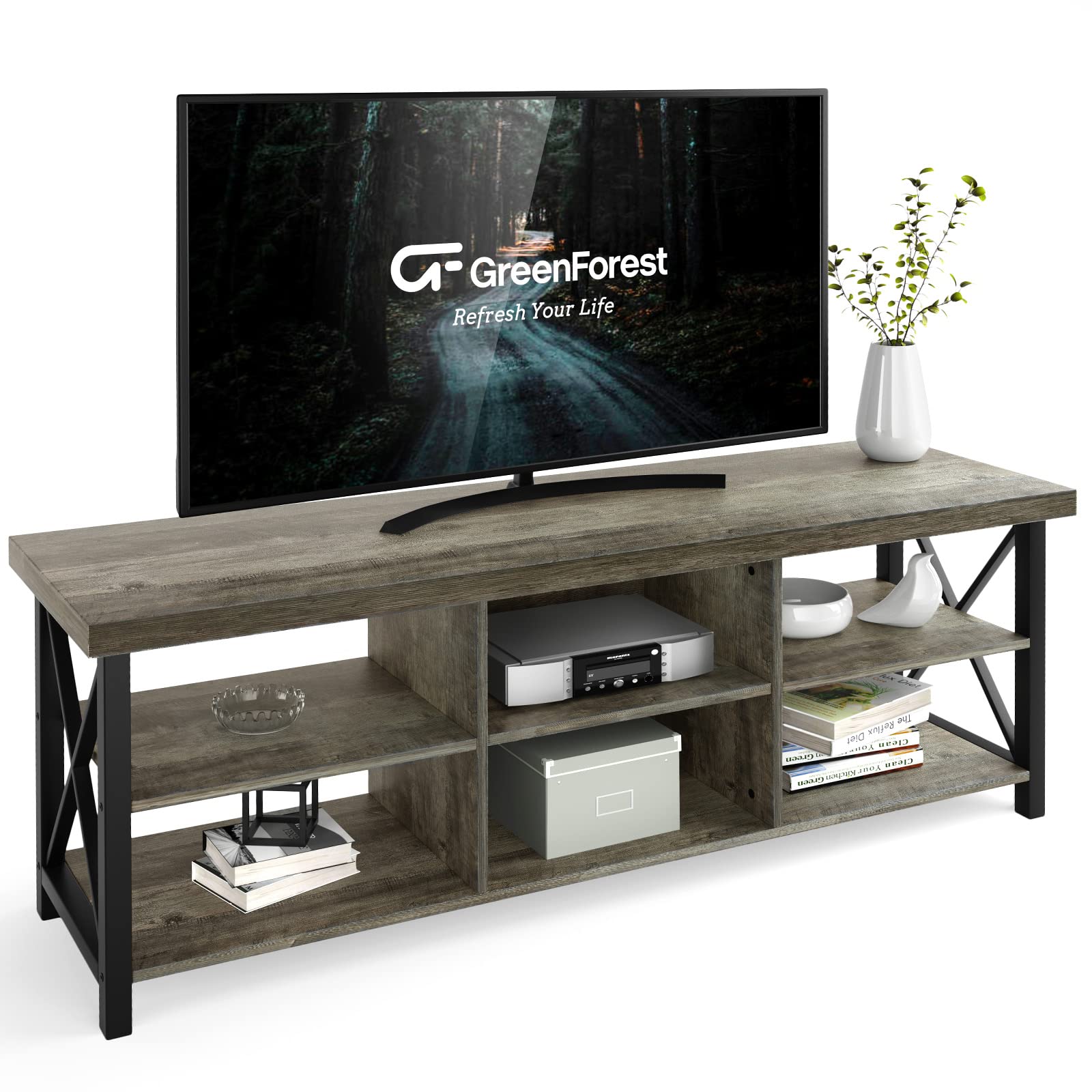 GreenForest 65 Inch TV Stand with 6 Storage Cabinets - Modern Entertainment Center for Living Room, Console Table for 55-65 Inch TVs (Gray) - Perfect for Home Theater Setup & Living Room Organization