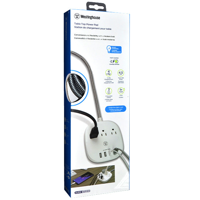 Westinghouse 3-Outlet Table Top Power Strip with 4 USB Ports (6.5A/5V) - Compact Multi Plug Charging Station for Home Office, Bedroom, Dorm Room & Travel