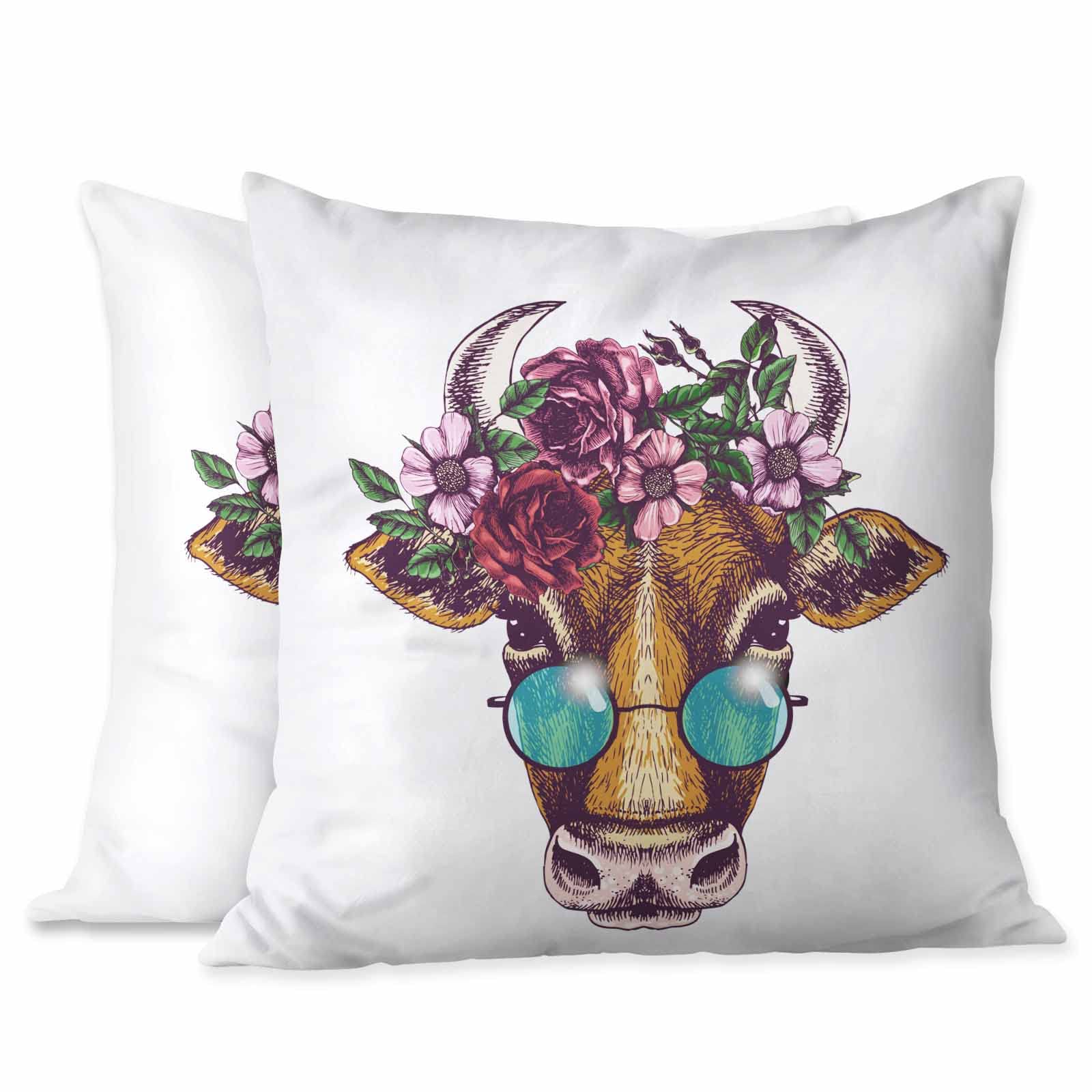 Fashion Cow with Rose Floral Green Leaves Wreath & Sunglasses Throw Pillow Covers - Set of 2 Square Decorative Cushion Covers 18x18 Inch for Sofa, Bed, Living Room - Perfect Home Decor for Men & Women