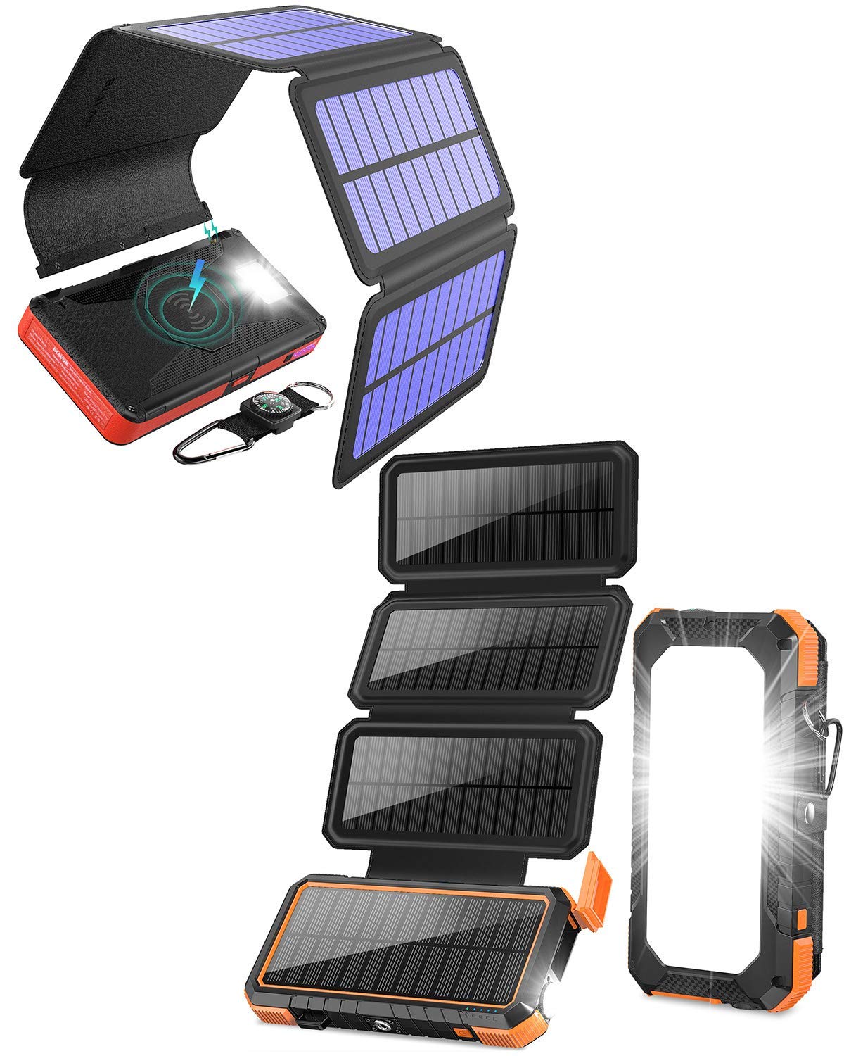 20,000mAh Portable Solar Charger with Detachable Panels - Fast Wireless & PD Charging for Phones, Tablets, Camping, Hiking, Emergency Power Outages (Black & Orange)