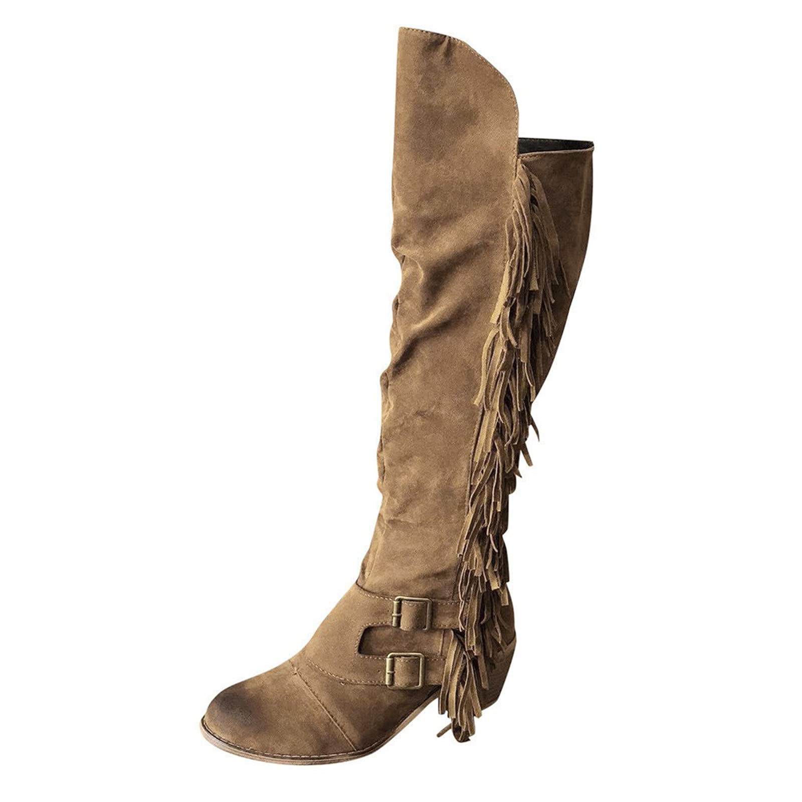 EnJoCho Women's Long Knee Boots with Fringe - Retro Square Heel Casual Boots for Fall Fashion, Date Night & Office Wear