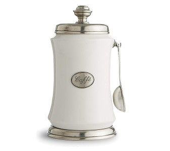 Arte Italica Tuscan White Coffee Canister with Spoon - Airtight Storage for Fresh Coffee Beans, Tea, Sugar & Kitchen Pantry Organization