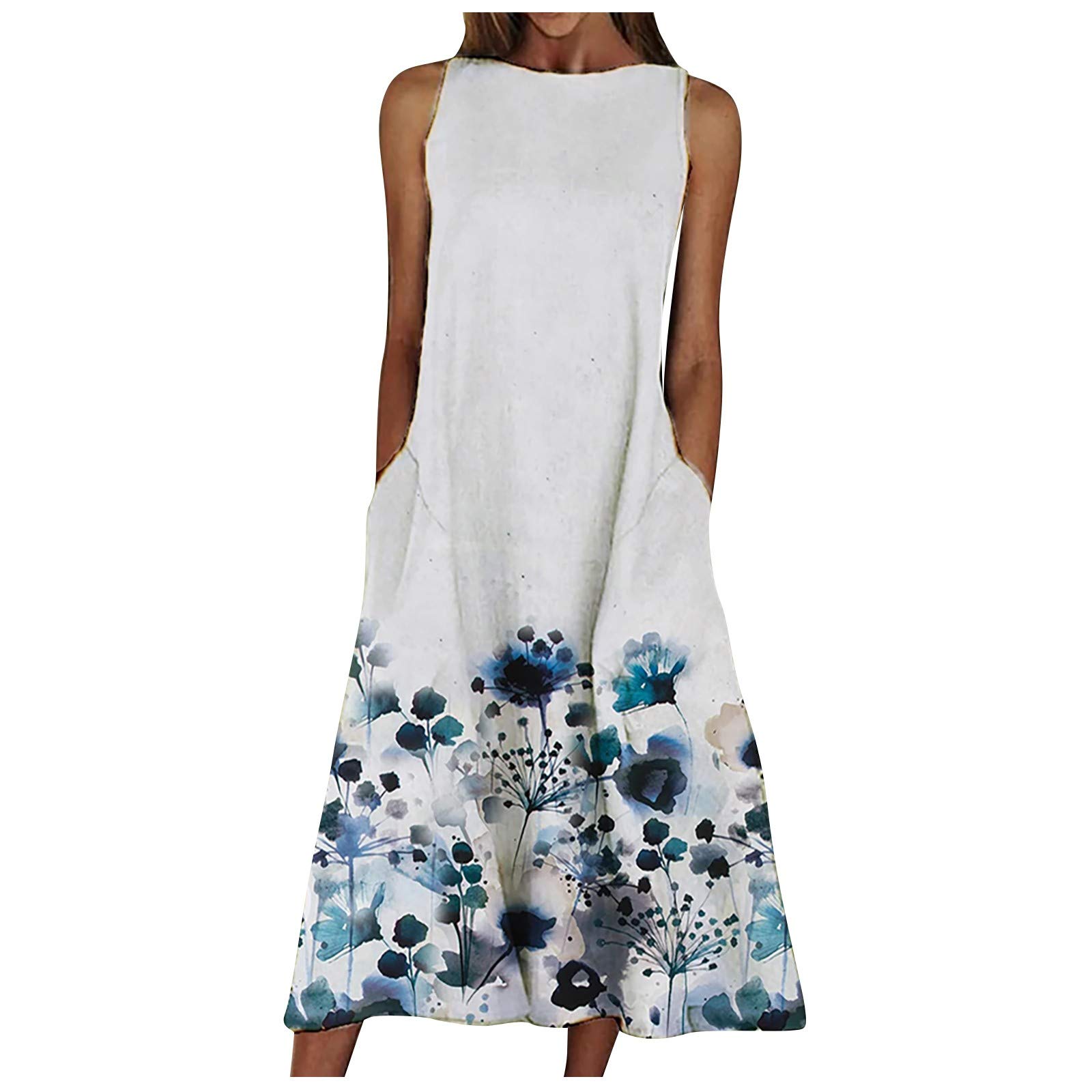 Women's Floral Print Sleeveless Maxi Dress with Round Neck & Side Slit - Lightweight Summer Pocket Dress for Beach, Vacation & Casual Outings