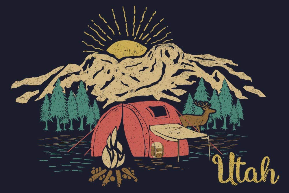 Utah Camping Scene with Snowy Mountains - 24x36 Signed Art Print, Wall Decor Poster for Home, Office & Cabin - Perfect for Nature Lovers & Outdoor Enthusiasts