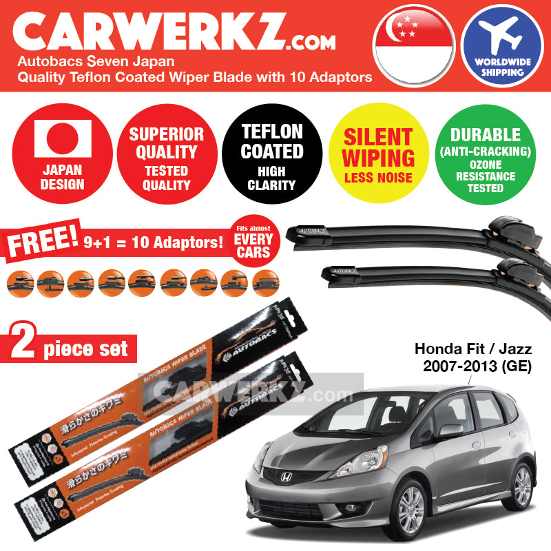 Autobacs Seven Japan Teflon Coated Flex Aerodynamic Wiper Blades - 10 Universal Adapters Included - Perfect for Honda Fit Jazz 2007-2013 2nd Gen (GE) (26+14 inches) - All-Weather Performance for Rain, Snow & Harsh Conditions