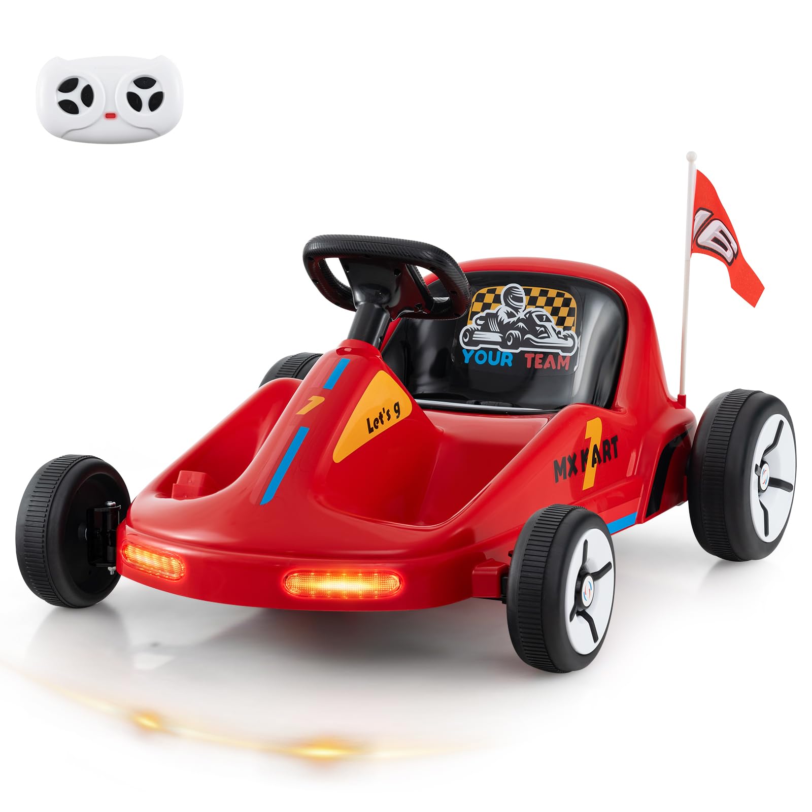 Costzon 12V Kids Electric Go Kart with Remote Control - 7AH Battery Powered Ride-On Toy Car for Ages 3+, LED Lights, Music & Story Mode - Perfect for Outdoor Play, Birthday Gifts & Backyard Racing (Red)