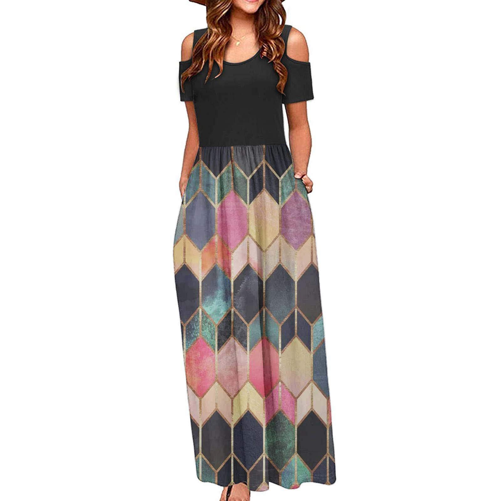 Elegant Patchwork Maxi Dress for Women - Floral Summer Short Sleeve Cold Shoulder Sundress, Casual Work Wear | Perfect for Beach Vacations, Office Outings & Date Nights